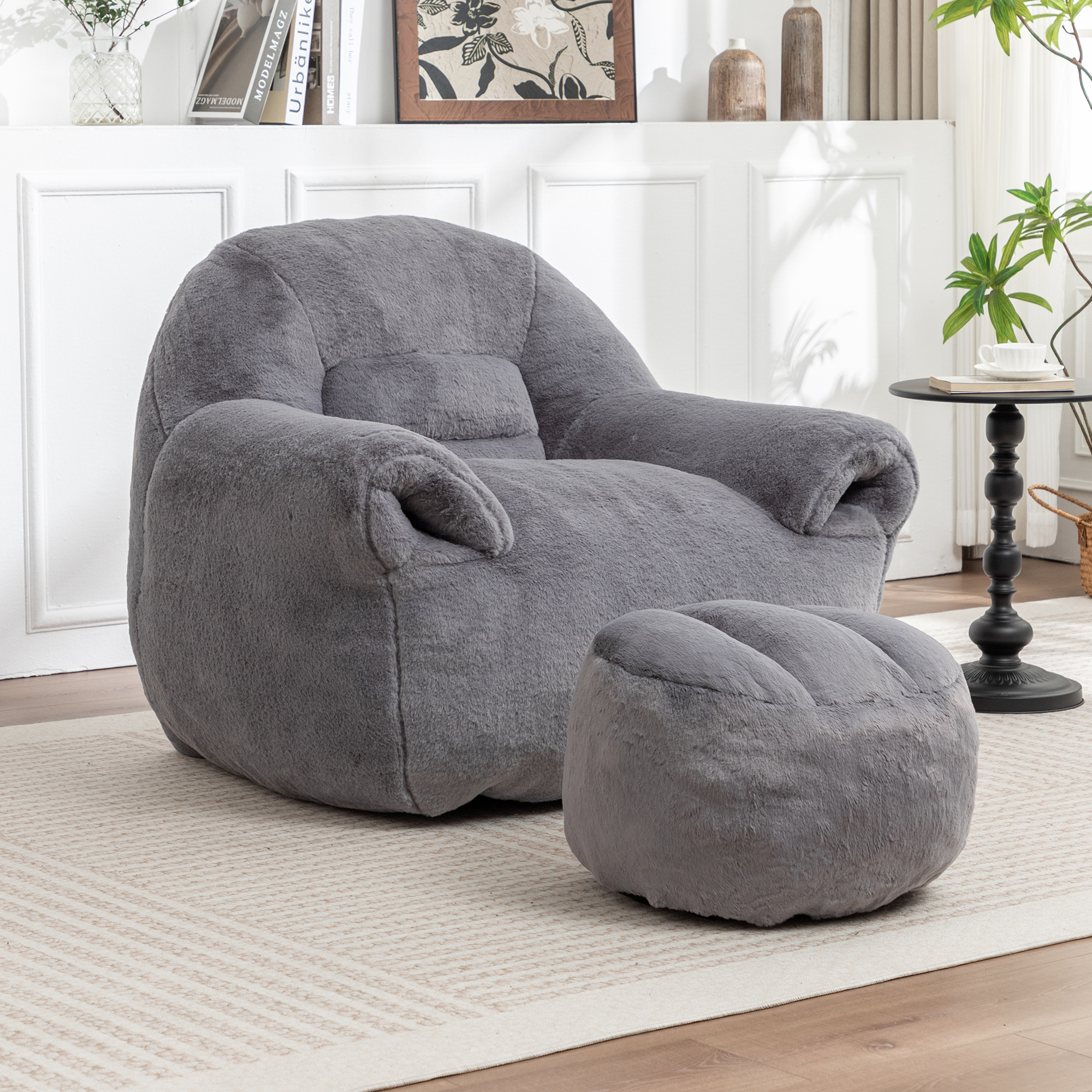 Puf sillón con respaldo, reposapiés, piel sintética, para adultos y niños, gris