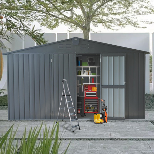 Caseta de almacenamiento exterior de acero galvanizado, con ventanas y puerta, gris oscuro