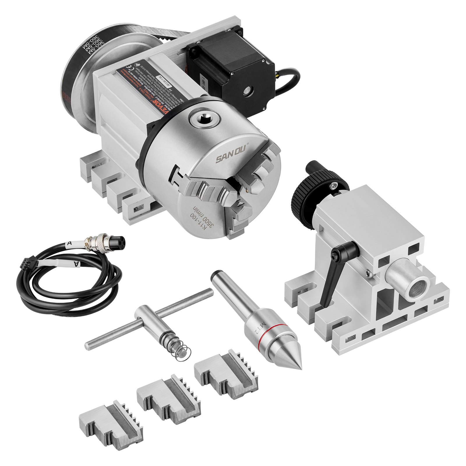 Dividing Head, K11-100mm 3-Jaw Chuck, CNC Router Milling Machine Rotational Axis 4th Axis A Axis Indexing Head, 2.6"/65 Mm Center Height MT2 Tailstock 6:1 Gear Ratio, Universal For Engraving
