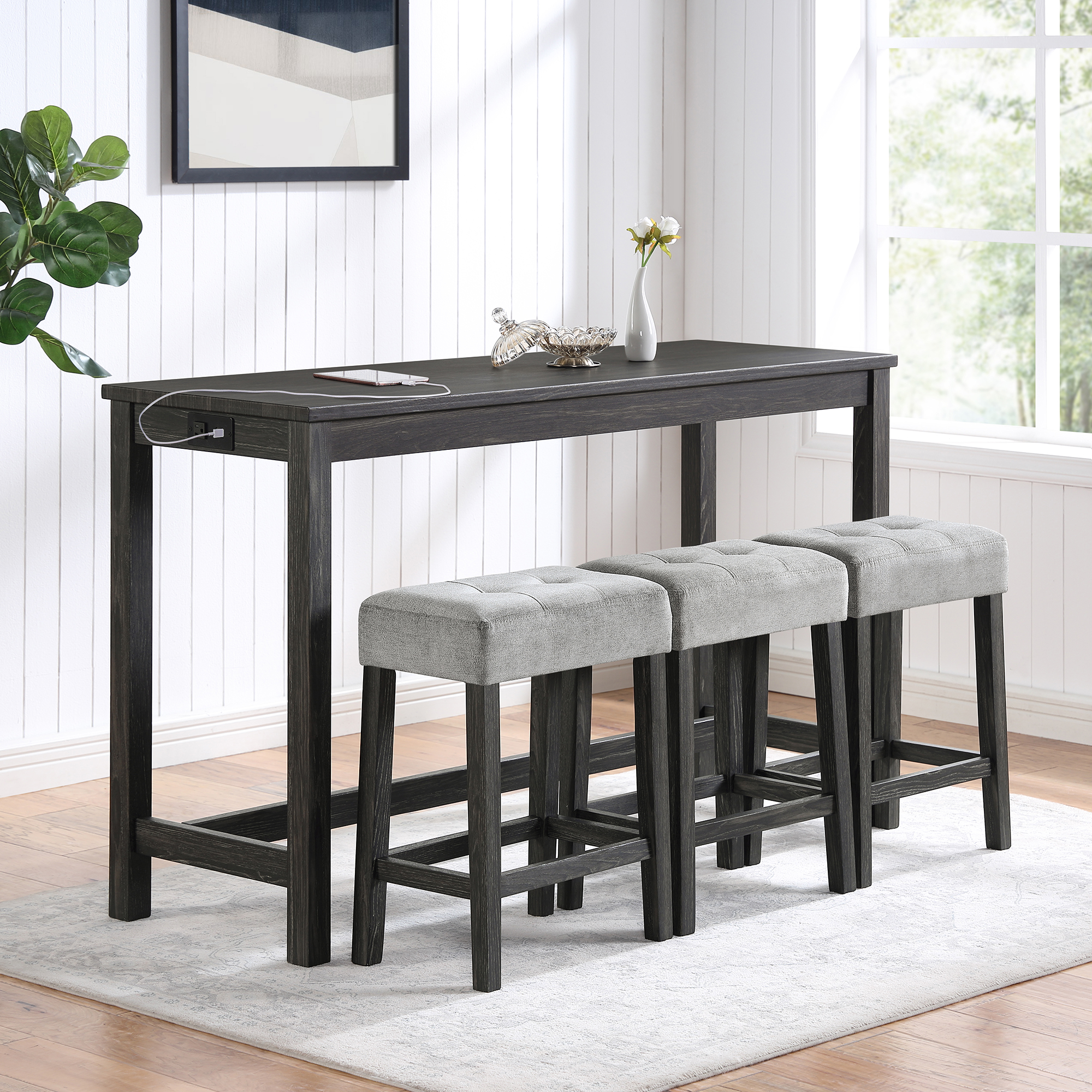 Bar Table Set With Power Outlet, Bar Table And Chairs Set, 4 Piece Dining Table Set, Industrial Breakfast Table Set, For Living Room, Dining Room, Game Room