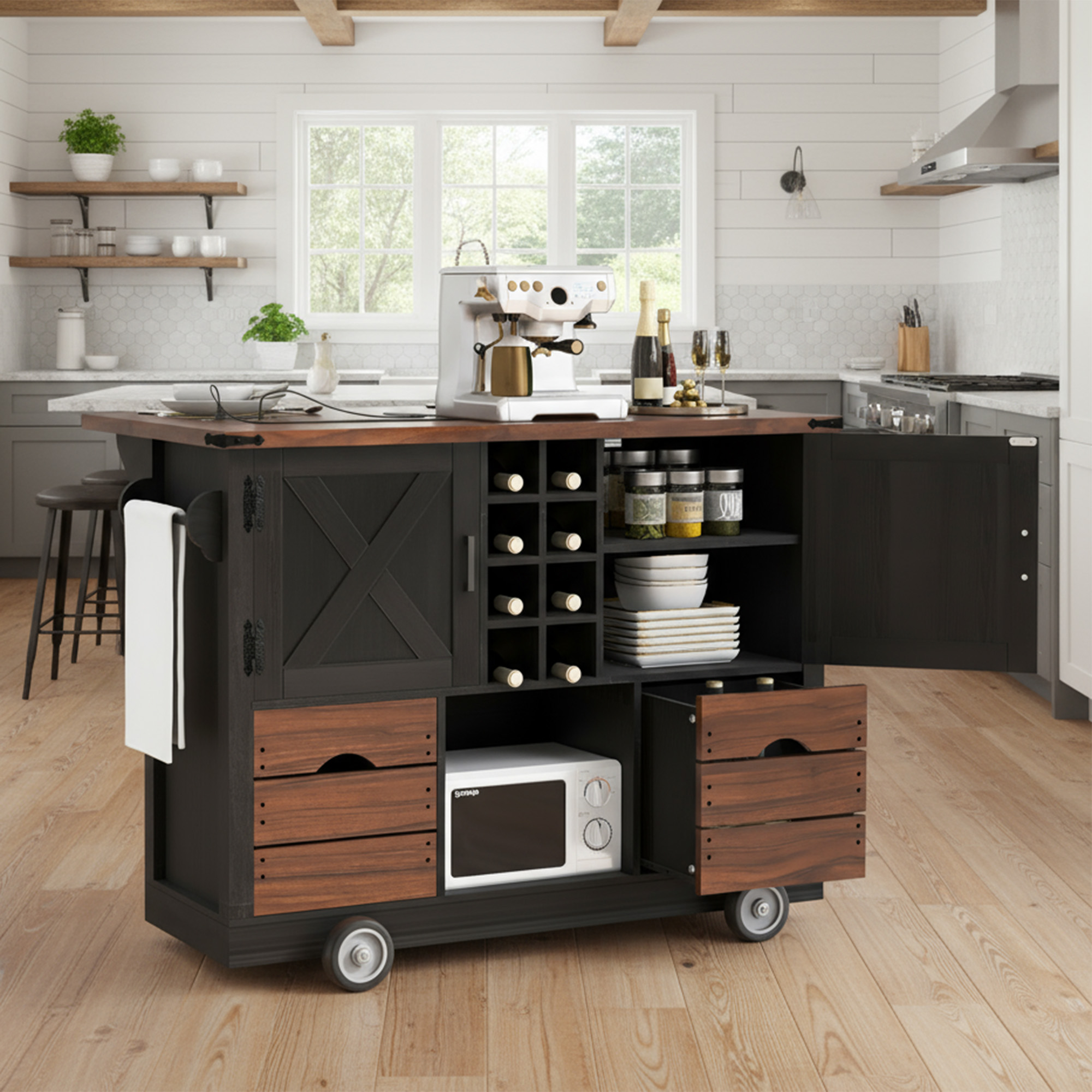 K&K 54  Farmhouse Kitchen Island With Drop Leaf, Power Outlet, Kitchen Storage Cart With 2 Doors, 2 Drawers, Rolling Kitchen Island On 4 Large Wheels With Spice Rack For Kitchen, Dining Room, Black