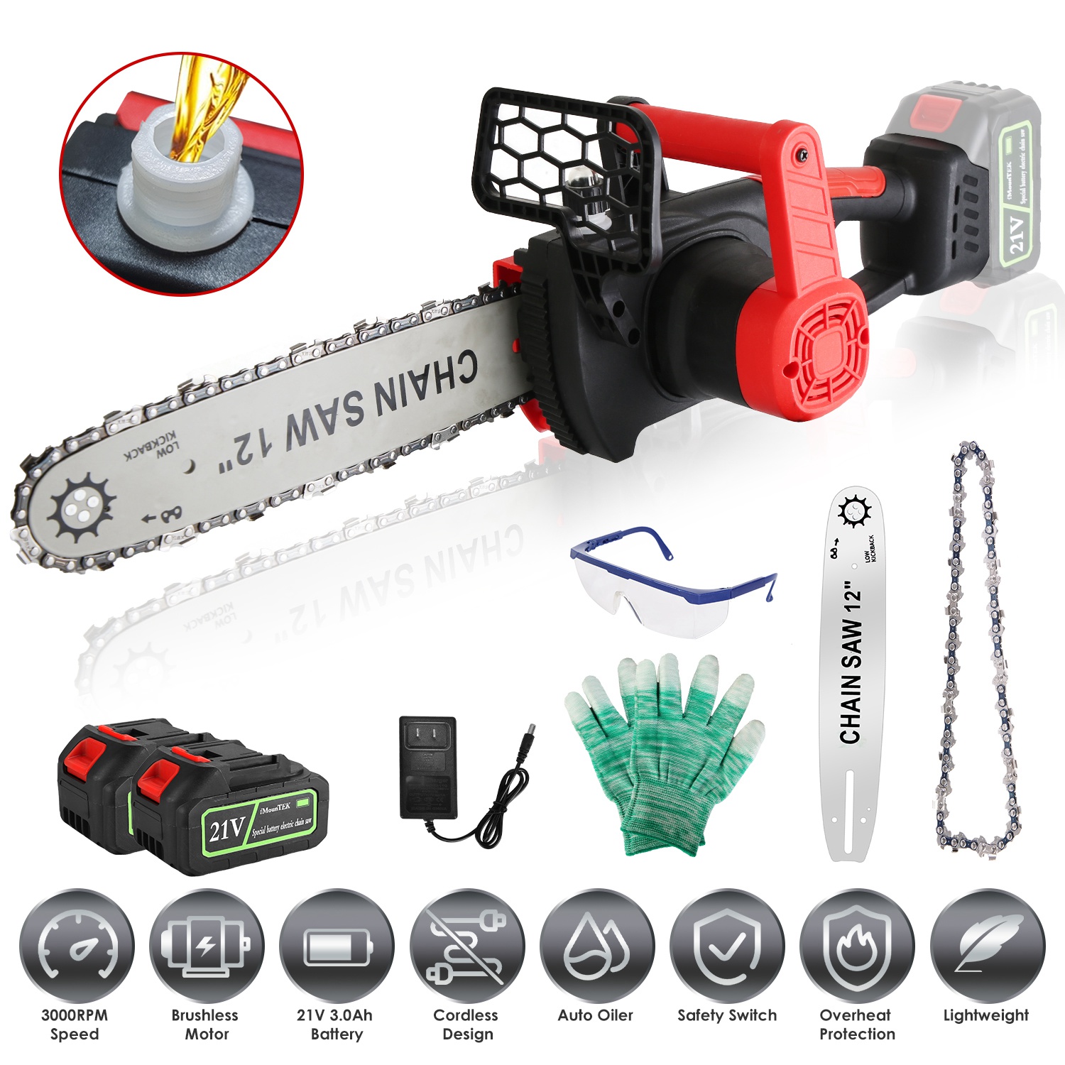 Motosierra eléctrica inalámbrica de 12 pulgadas, con 2 baterías 21V 3000mAh