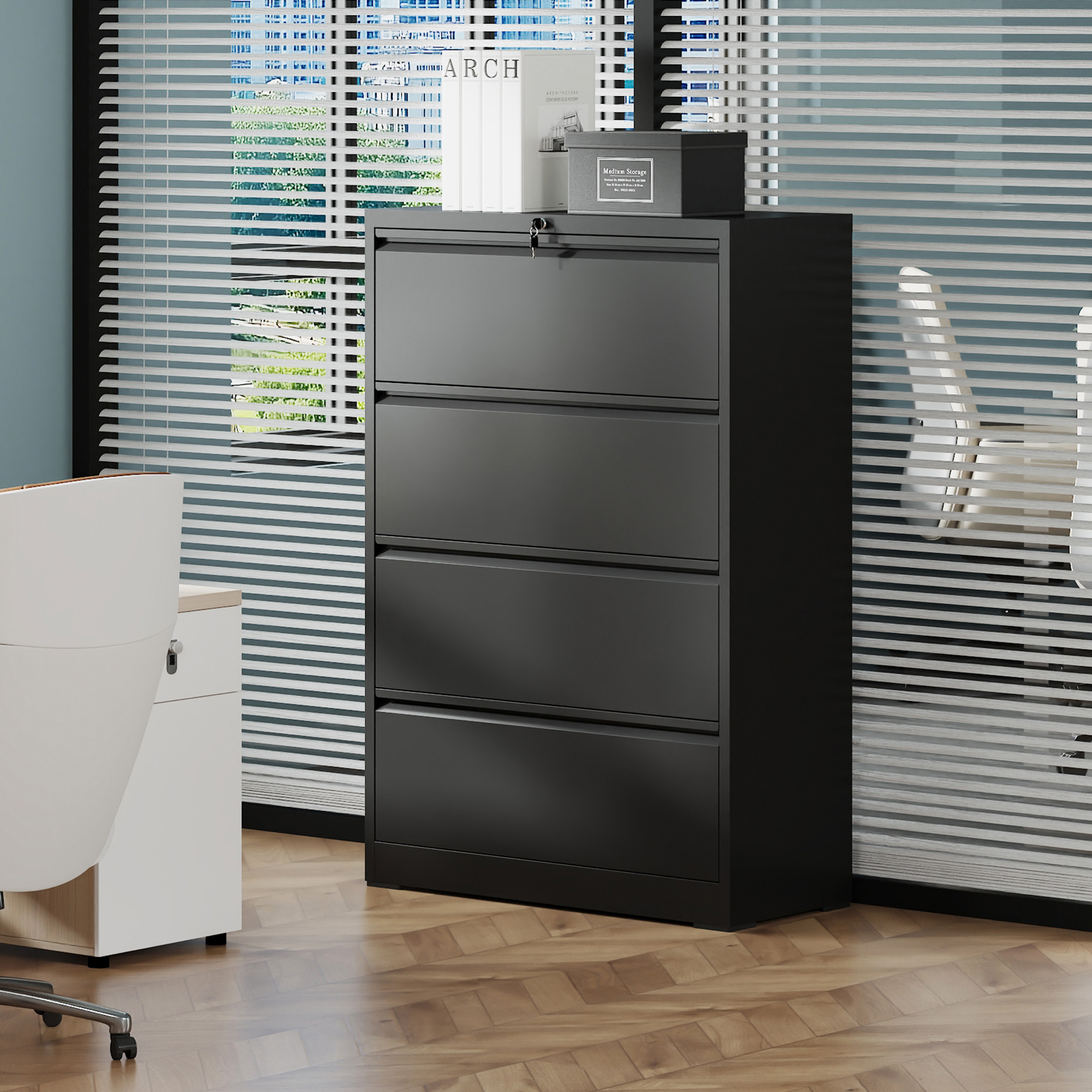 4 Drawer Lateral File Cabinet, Heavy Duty Metal Filing Cabinet, 35.4 Inch Wide Locking File Cabinet For Home Office, Space-Saving Vertical Storage With Anti-Tip Interlock, For Letter Legal A4 Files