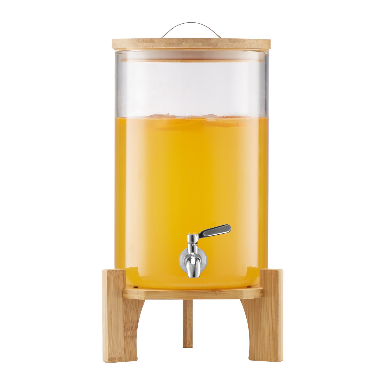 Dispensador de bebidas de vidrio, 2.2 galones, con base de madera y grifo de acero