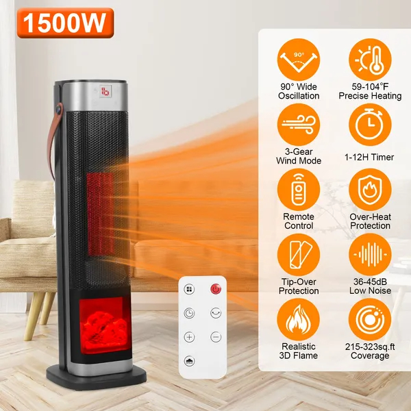 1500W Oscillating Ceramic Tower Space Heater With 3D Flame Portable Electric Heater With 3 Wind Modes F Heating Remote Control 12H Timer Overheat Tip-Over Protection For Bedroom Office