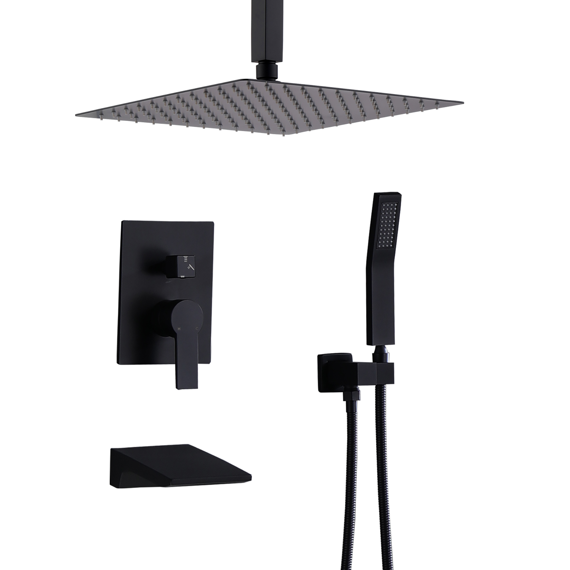 Sistema de ducha de pared con cabezal de lluvia de 12 pulgadas y rociador de mano, negro mate
