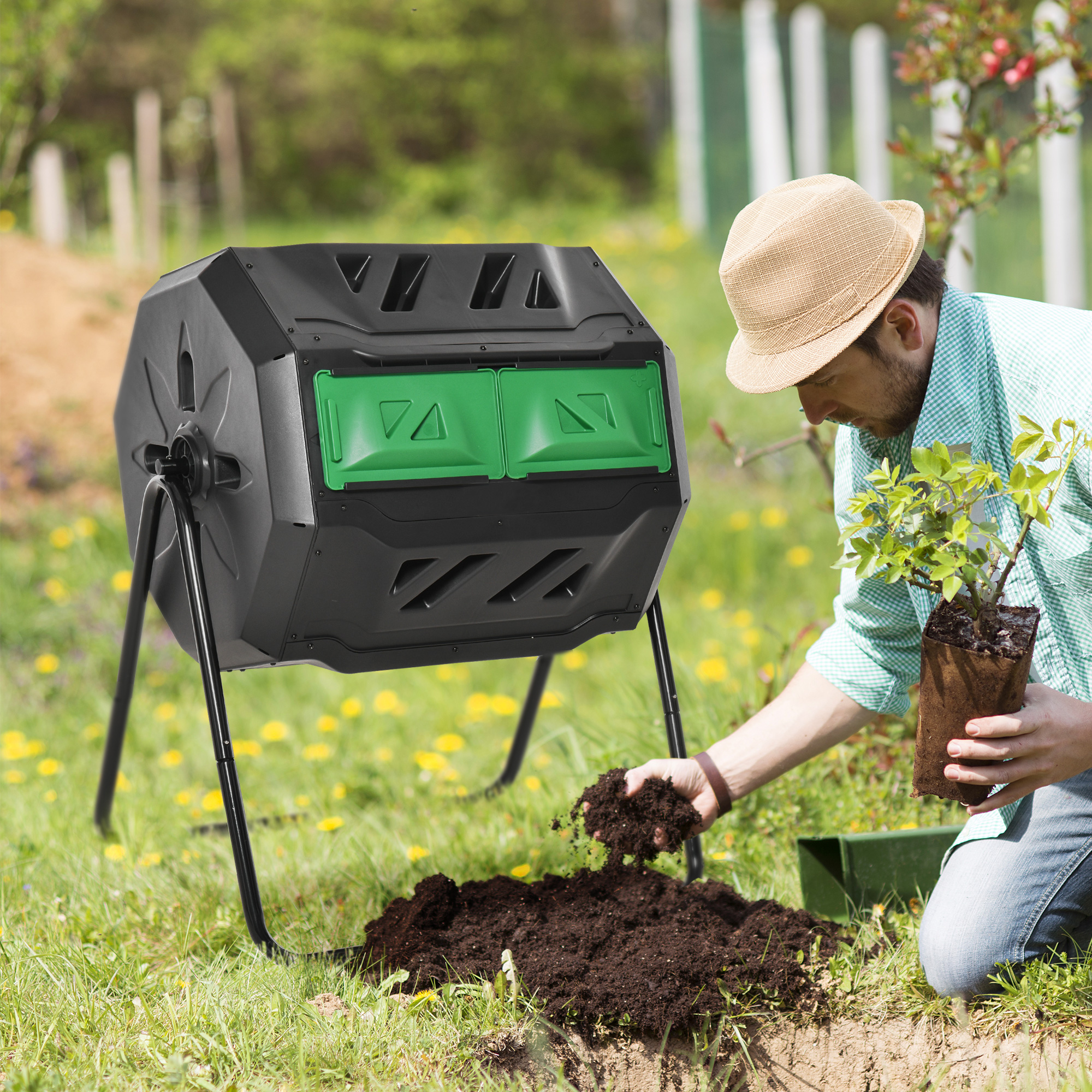 Compostador giratorio de doble cámara, 360°, 43 galones, verde.