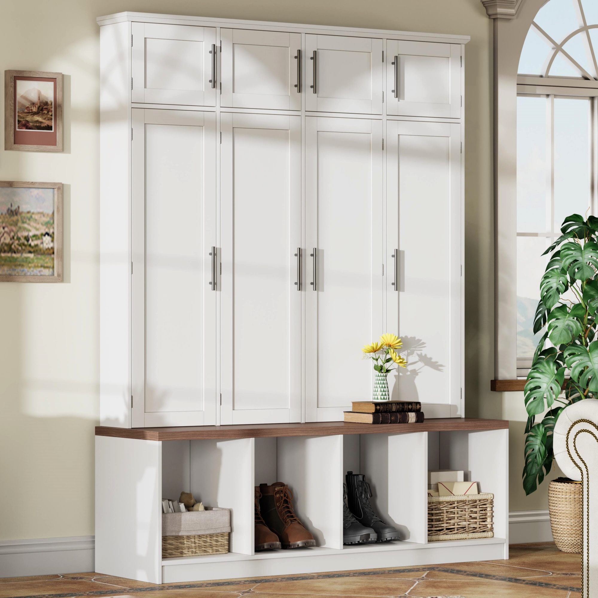 Farmhouse Hall Tree With 4 Hidden Hanging Hooks, Versatile Walnut Seating Bench With 8 Doors, Entryway Shoe Cabinet With Open Compartment For Living Room, White