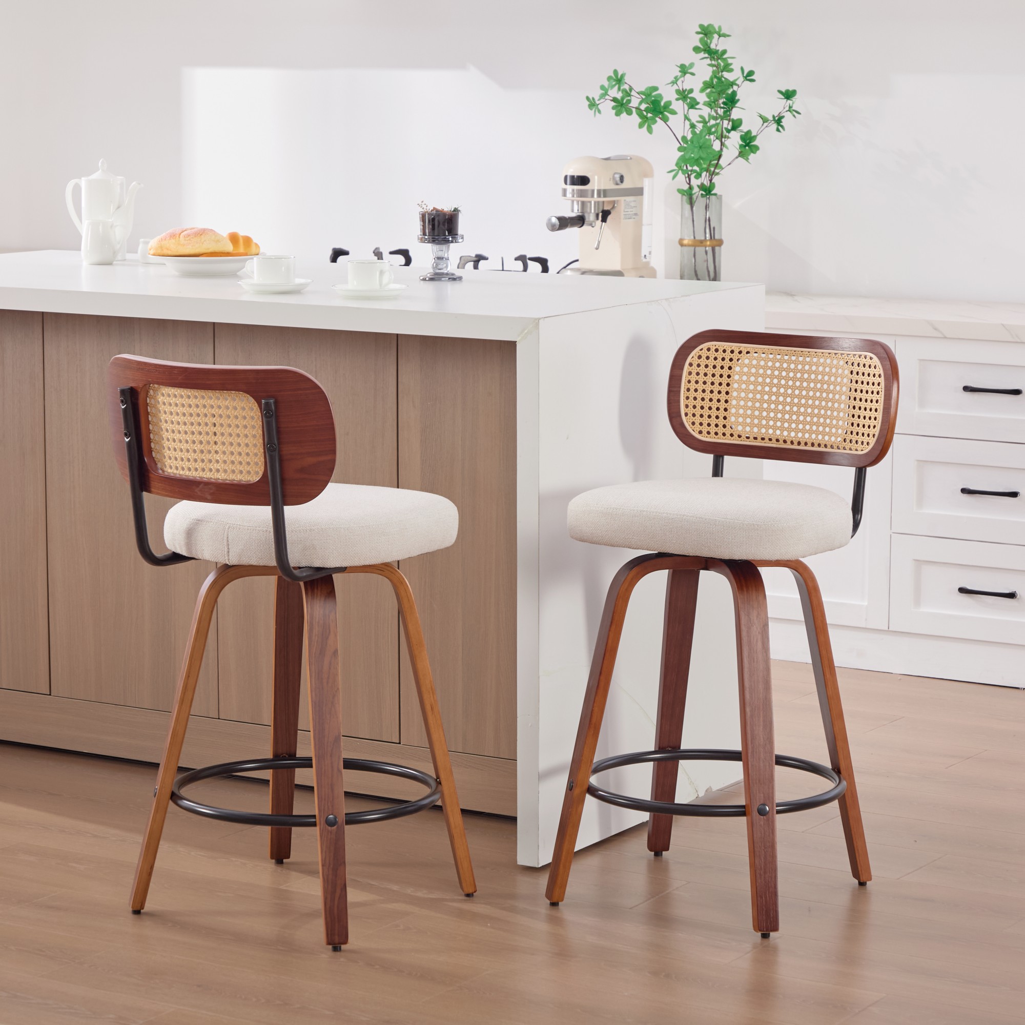 Set Of 2 26-Inch Counter Height Bar Stools - Walnut Black, Cane Rattan Back, Beige Linen Upholstered Seat, Swivel Design For Kitchen Island Bar Counter