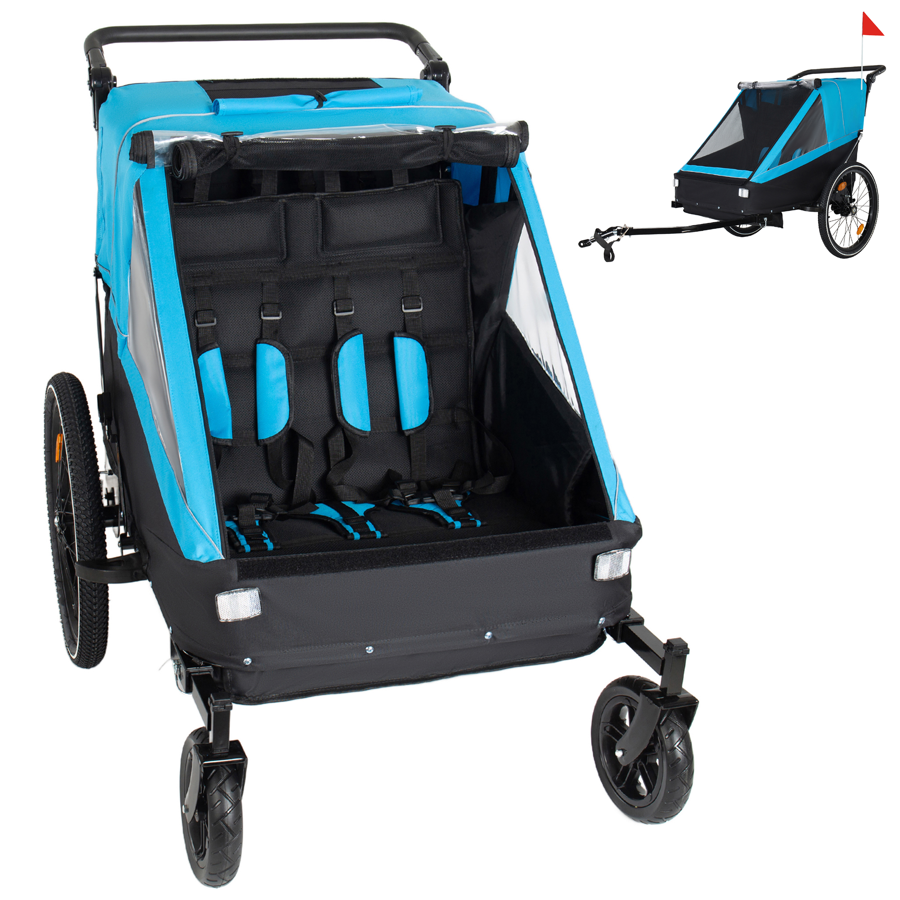 Remolque y cochecito para niños 2 en 1, plegable, para 1 o 2 niños, azul
