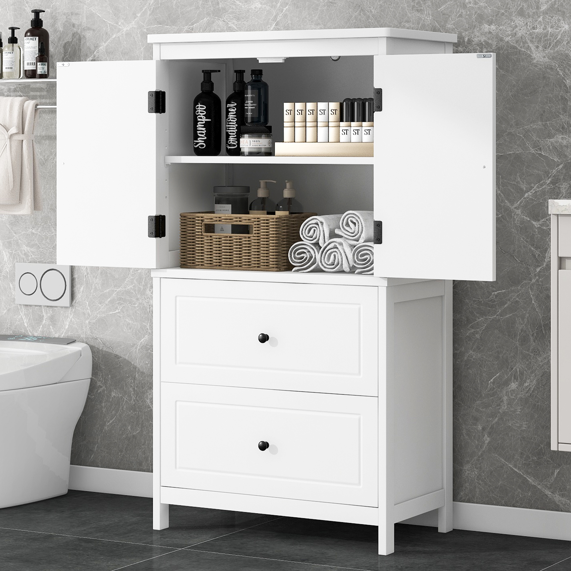 Bathroom Storage Cabinet, Cabinet With Two Doors And Drawers, Adjustable Shelf, MDF Board, White