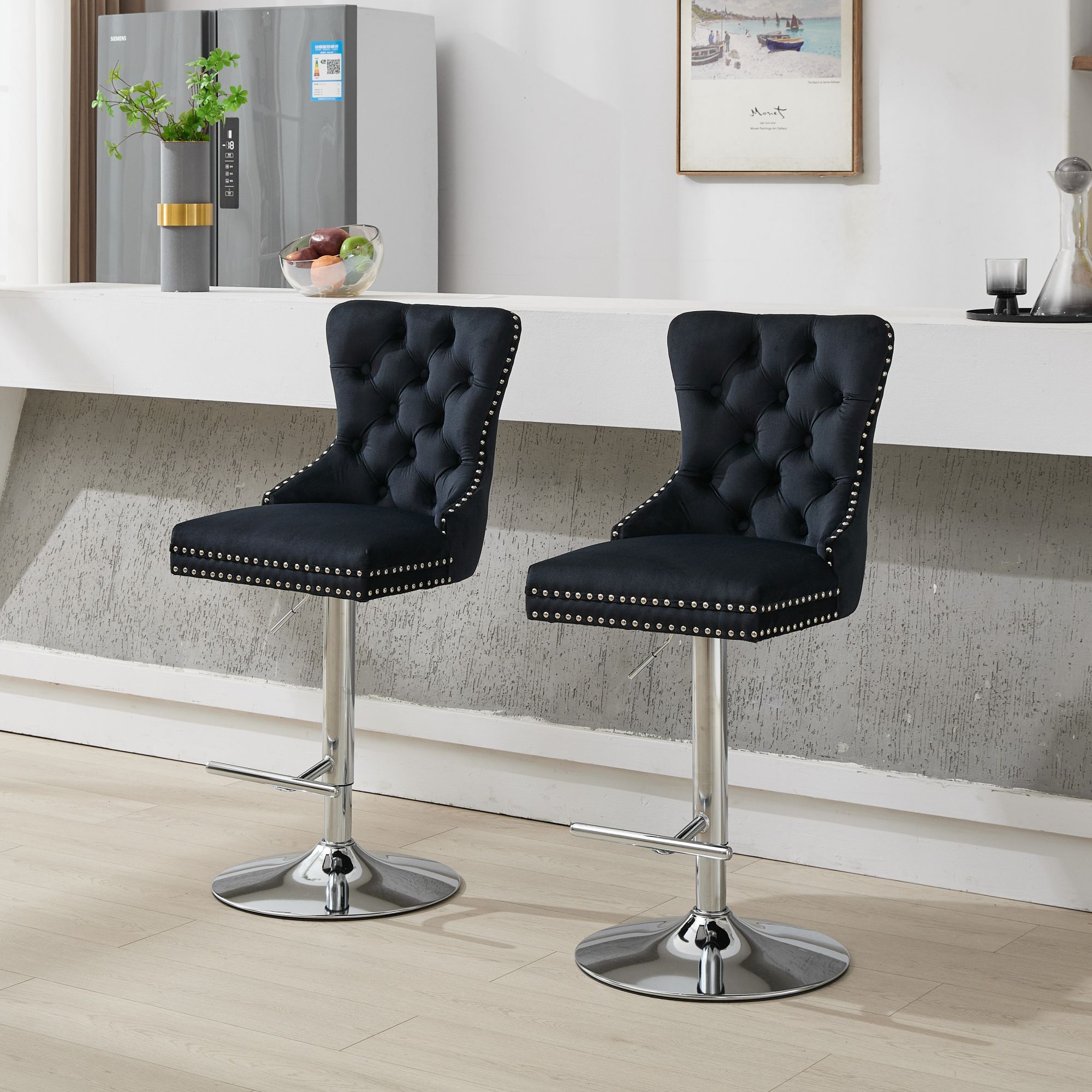 Thick Chrome Swivel Velvet Barstools,Adjustable 25-33 Height,Modern Upholstered With17.7 Base,Tufted Buttons&Diamond Pleating,Sponge&Spring Seat,for Home Pub&Kitchen Island Black, Set Of 2