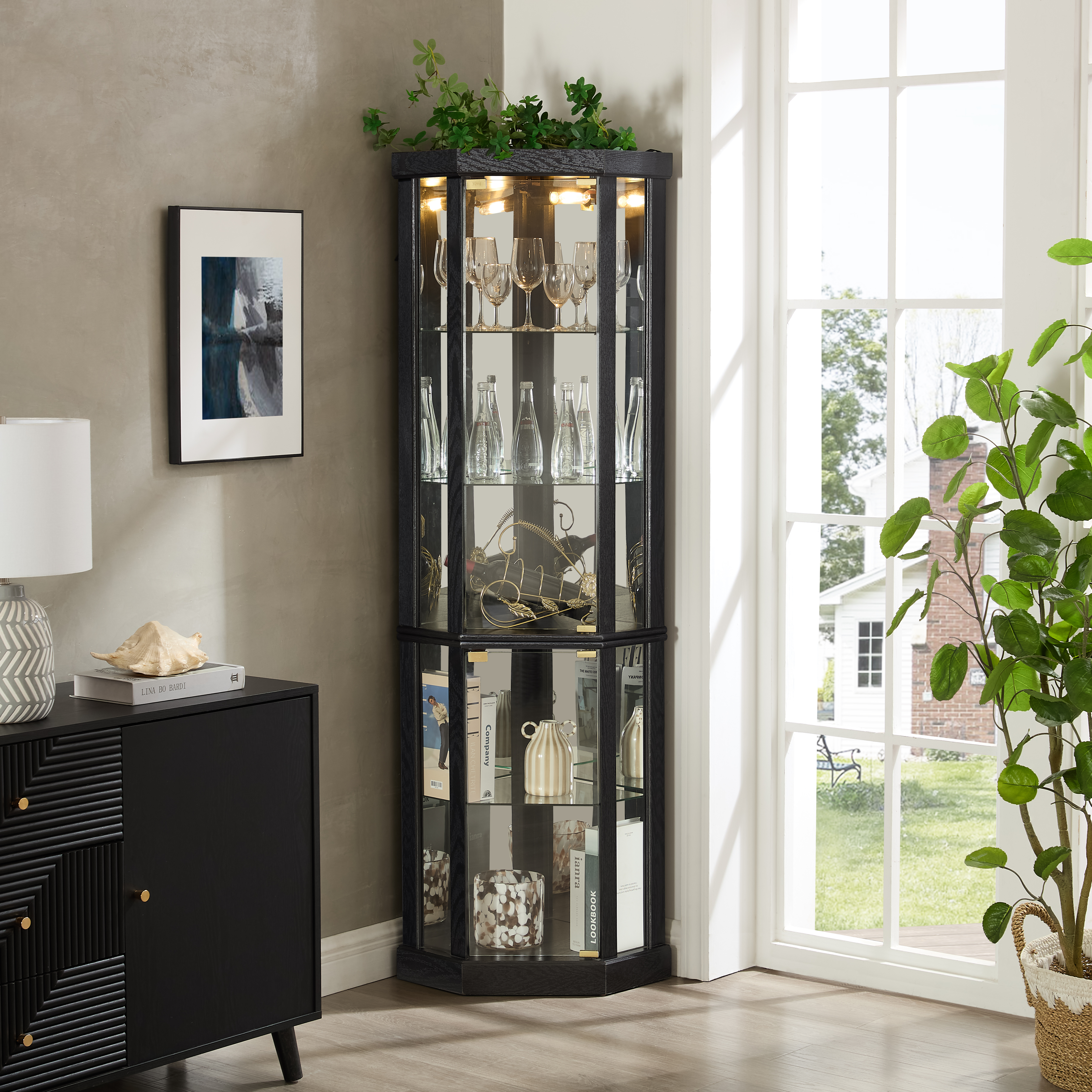 Gabinete esquinero con luz para exhibición de vidrio - Negro
