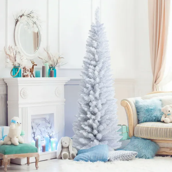 Árbol de Navidad artificial delgado tipo lápiz de 6 pies, sin luces, base metal