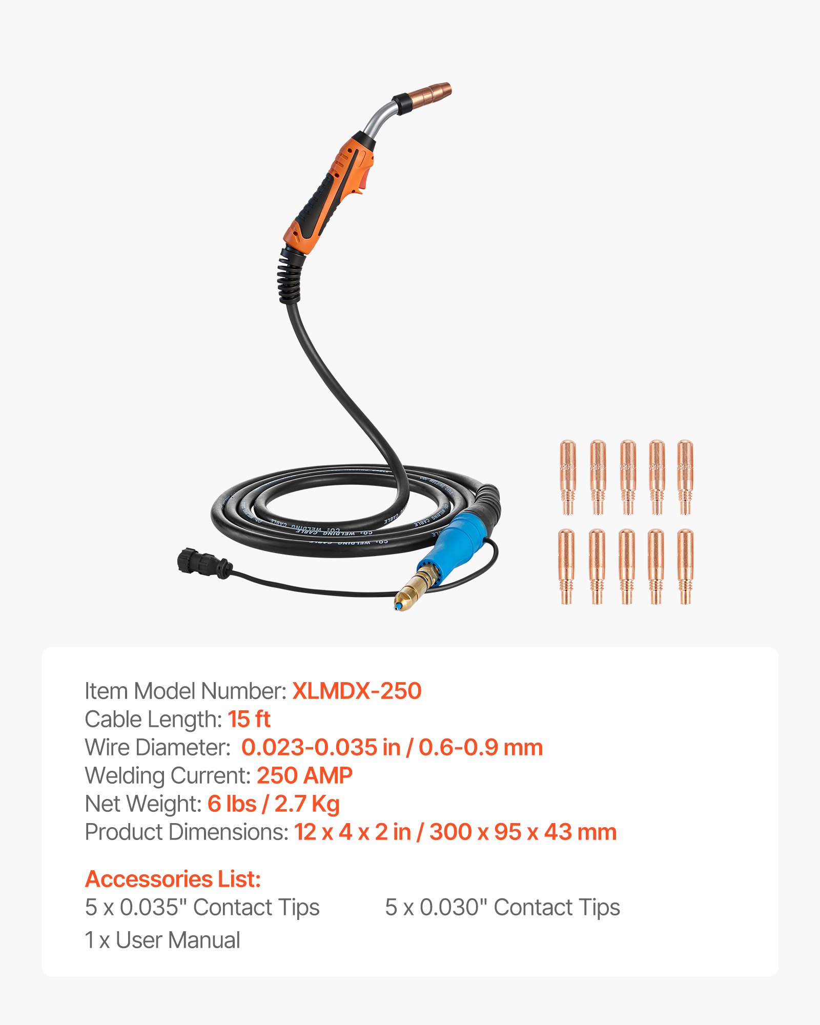 Pistola de soldar MIG 250A con cable de 15 pies, para Miller MDX-250, 11 puntas.