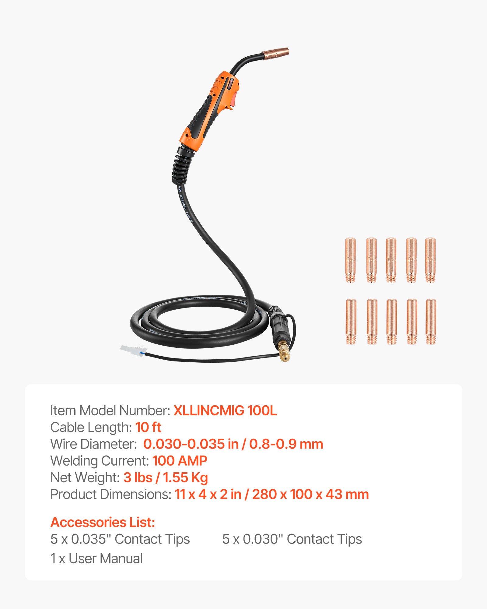 Pistola de soldar MIG 100A con cable de 10 pies, para Lincoln Magnum 100L, 11 puntas.