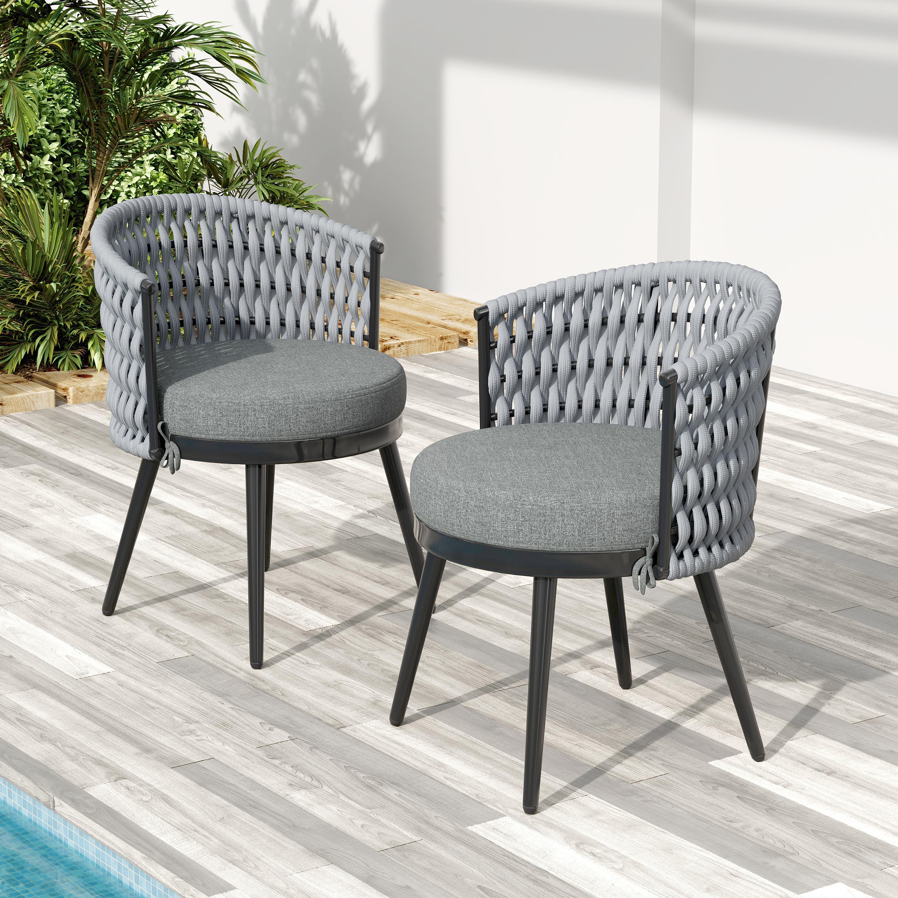 Silla de comedor de exterior, metal y cuerda, cojín gris claro, resistente al clima, juego de 2