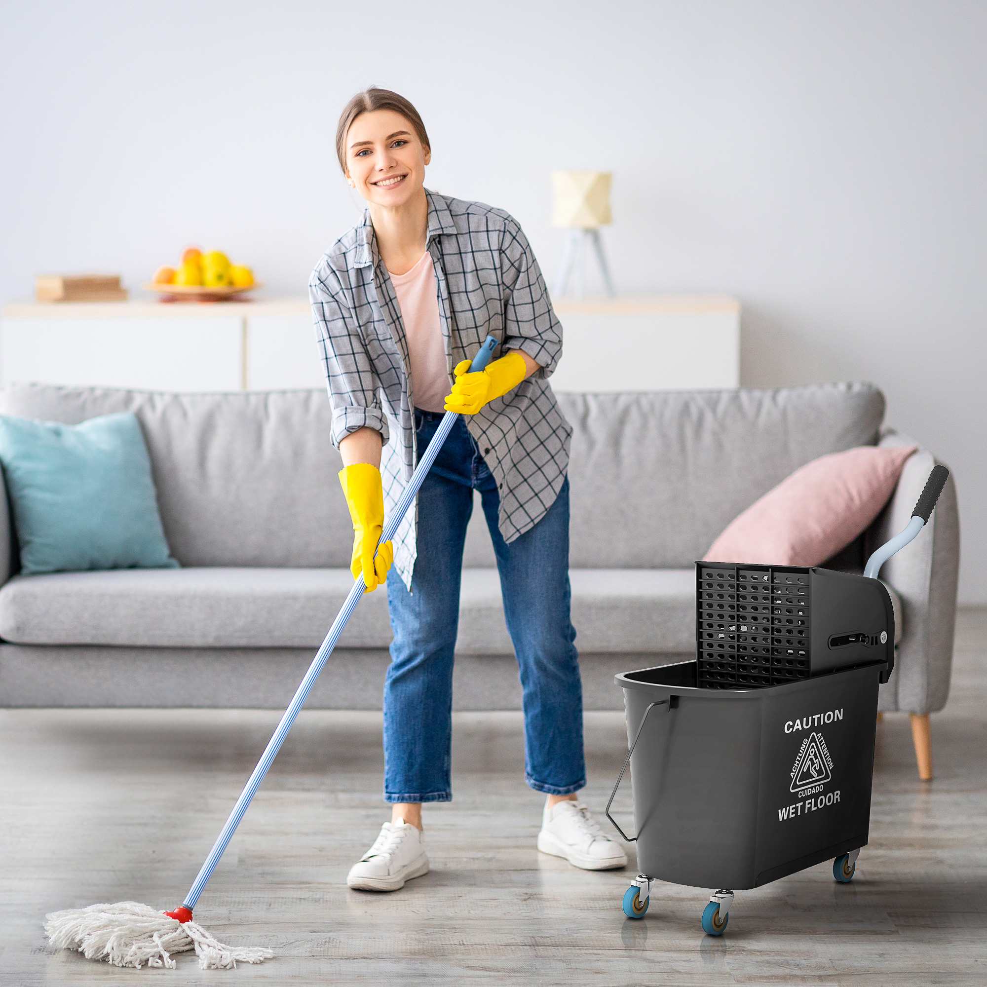 Compact Mop Bucket with Wringer, Mop Bucket on Wheels, 21 Quart, Separate Dirty and Clean Water, Black