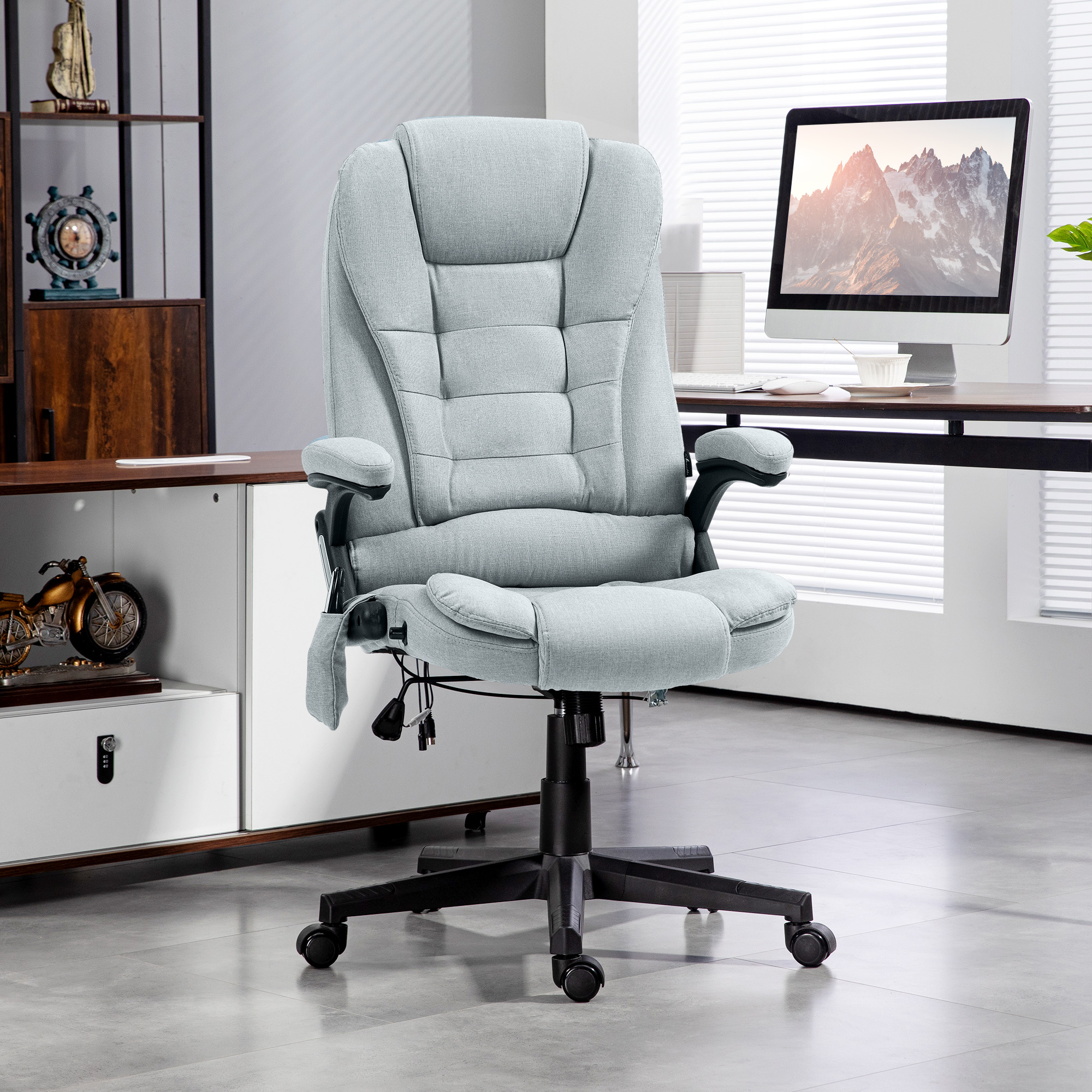 Silla de oficina con masaje vibratorio y calor, respaldo alto, gris claro