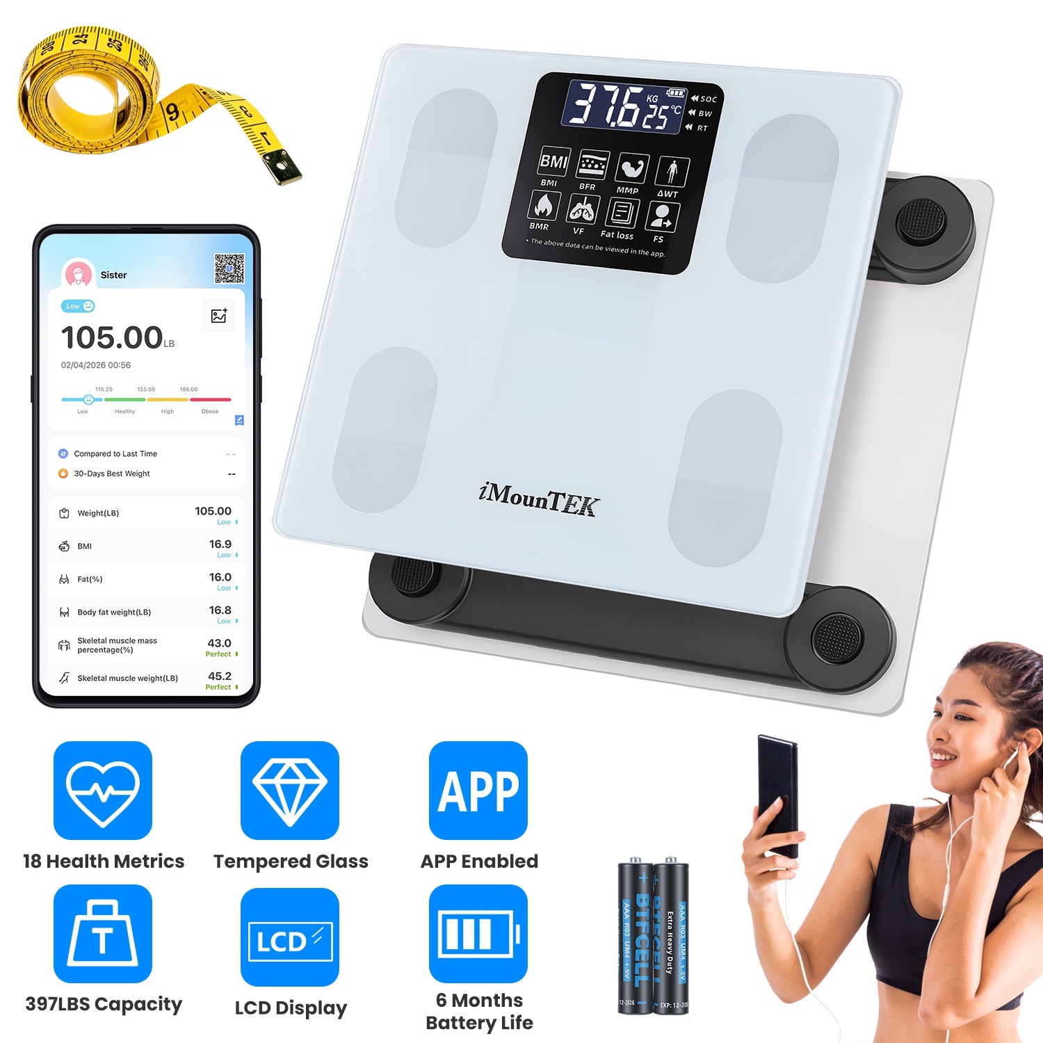 Báscula digital inteligente para peso corporal, análisis de composición, 397 libras, APP