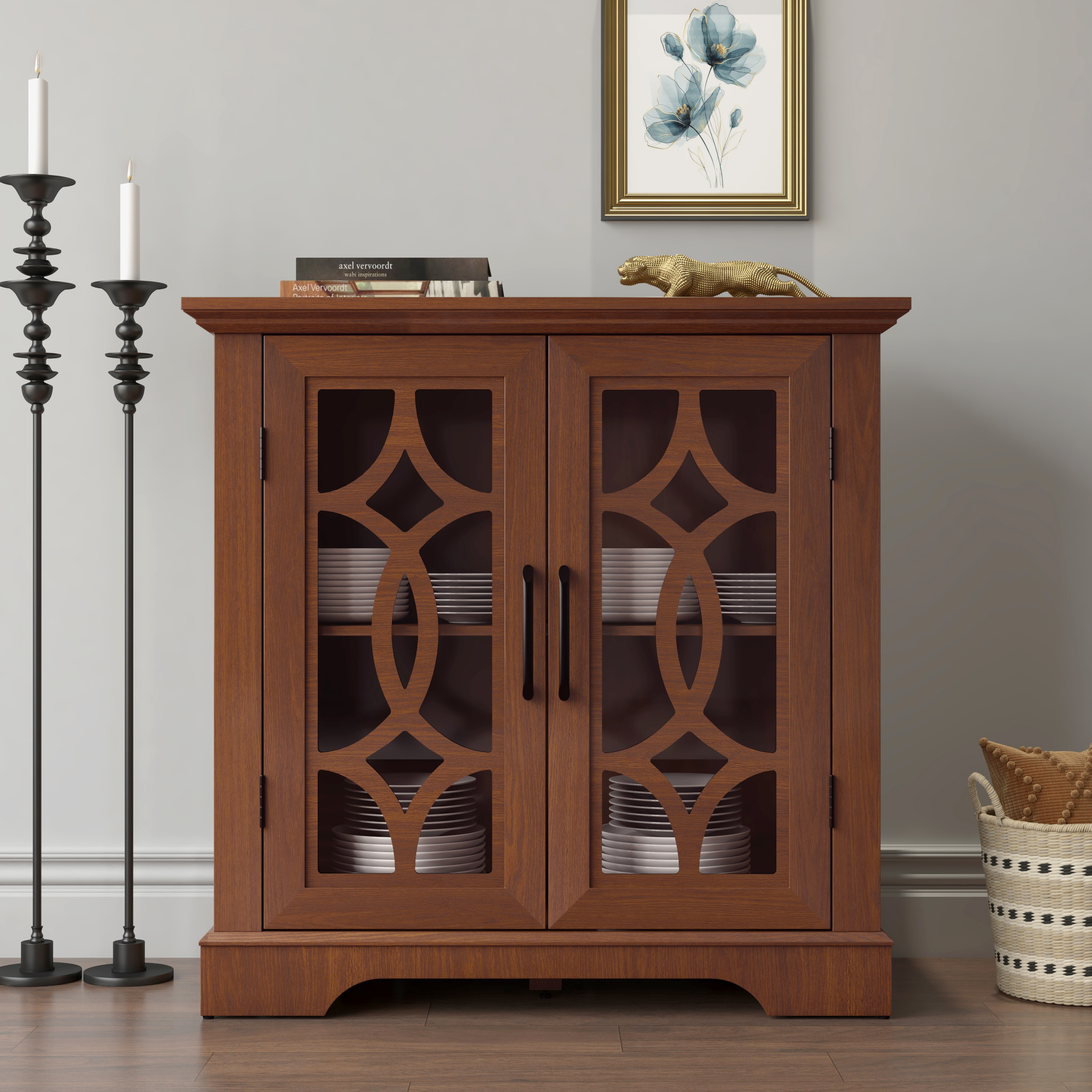 34.37X 15.55X 34.06in Spacious Size Sideboard 2 Clear Tempered Glass Doors Buffet With Adjustable Shelf, MDF With Dark OAK Decorative Laminates Storage Cabinet For Dinning Room, Kitchen,living Room