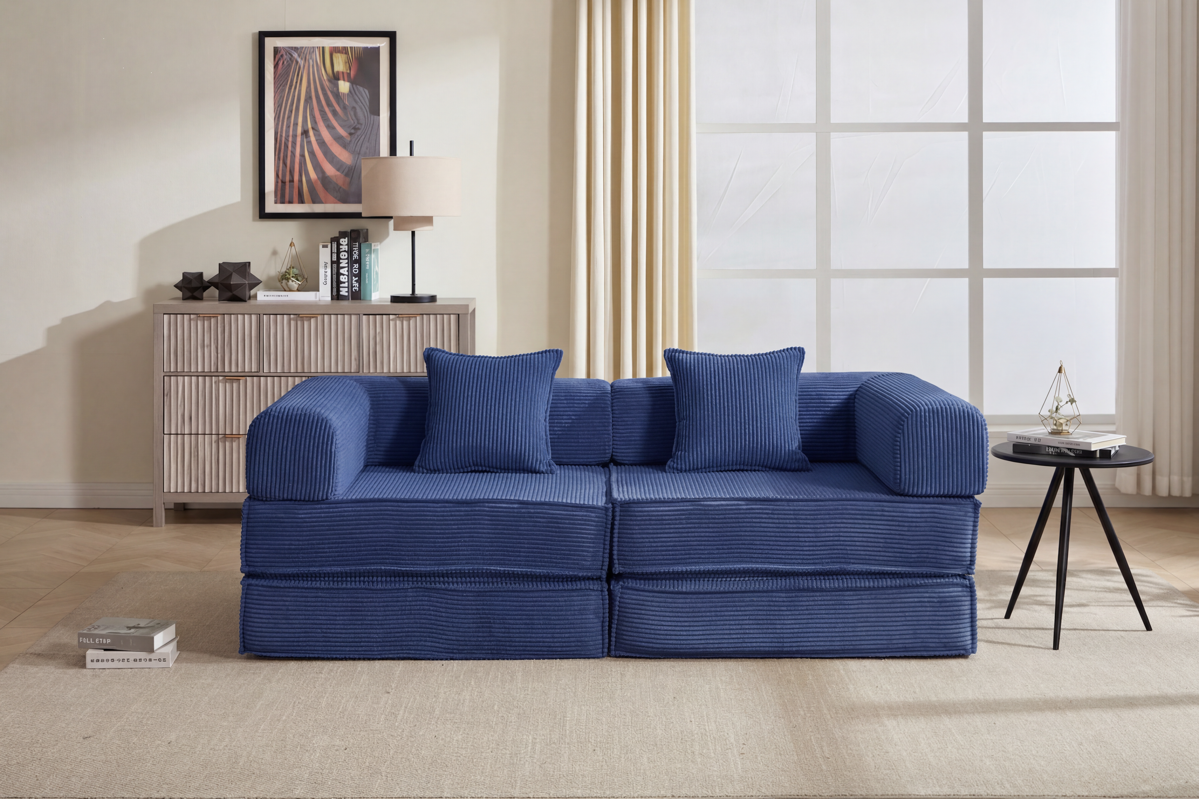 78  Convertible Sofa Bed, Modular Corduroy Couch With 2 Pillows, Space-Saving Compressed Floor Sofa, Ideal For Living Room, Bedroom, Apartment,Navy-Blue.