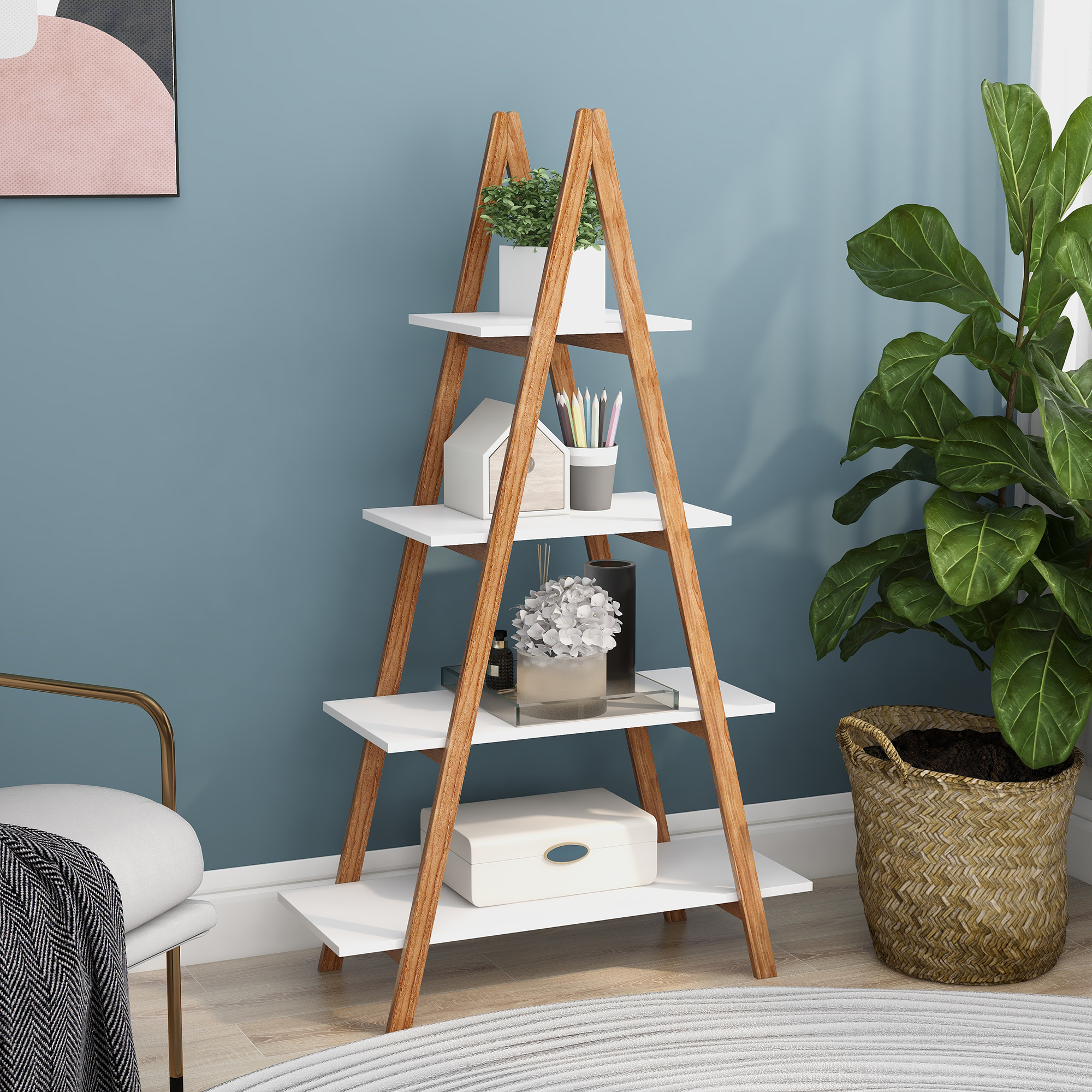 Estantería de exhibición tipo escalera de madera de bambú sólida