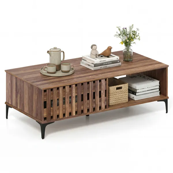 47 Inch Mid-Century Coffee Table With Storage Cabinets & Open Compartment, Walnut Wooden Look Accent Table With Heavy-Duty Metal Legs For Living Room