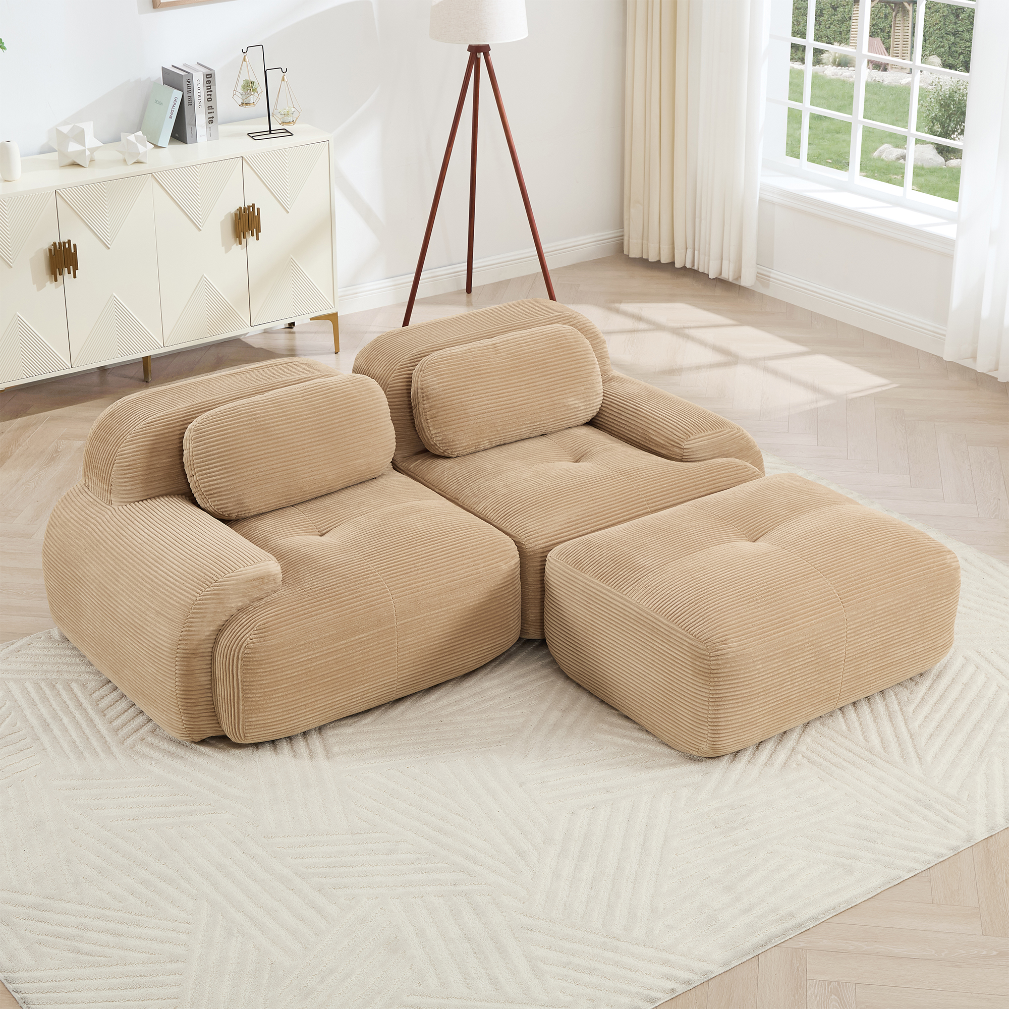 82'' L-shaped Sofa In SoftCorduroy Fabric Fabric Modular Design Multiple Combinations Curved Armrests No Assembly Required High-resilience Sponge Suitable For Living Rooms Rest Areas Bedroom,Camel