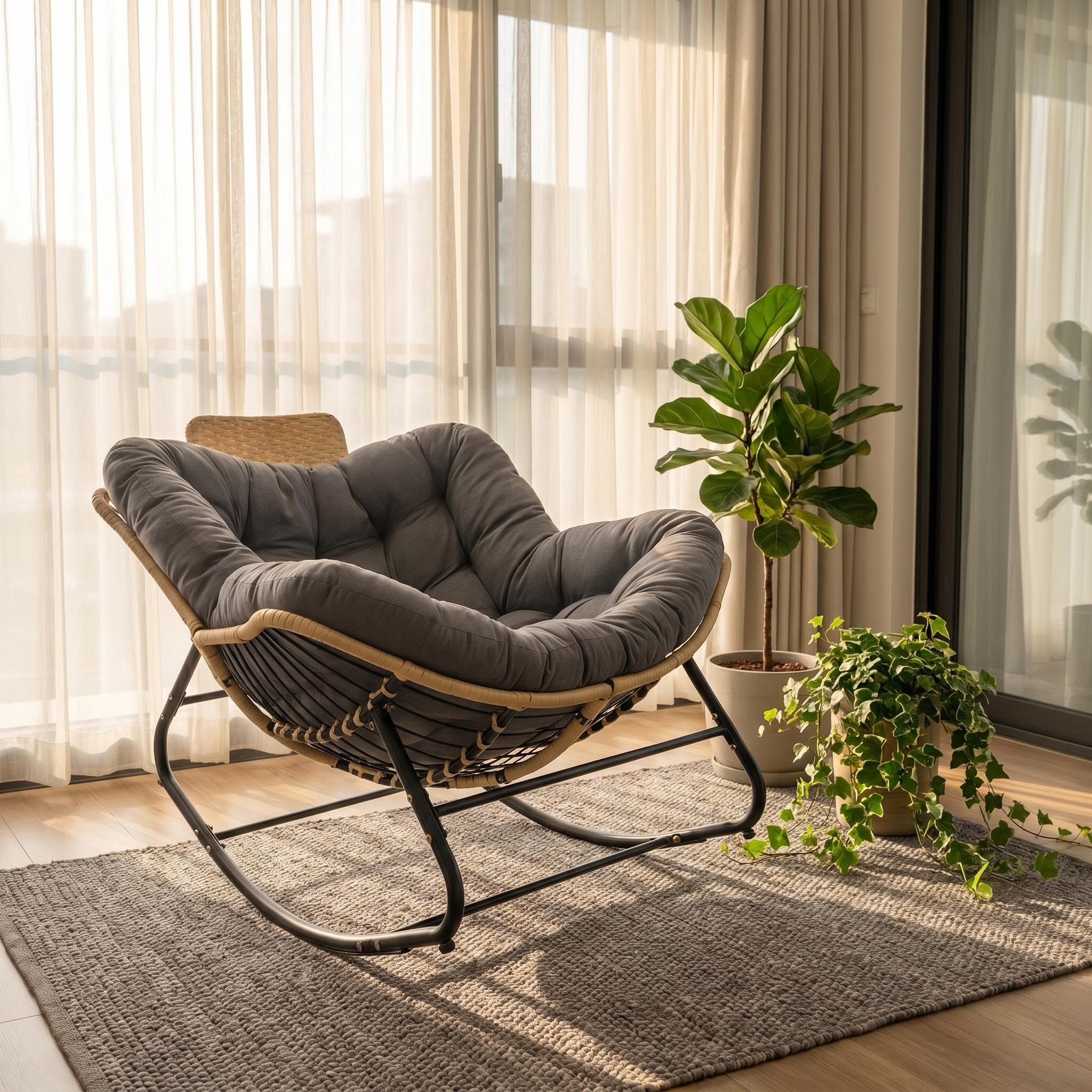39.37"Papasan Rocking Chair Outdoor, Oversized Patio Egg Chair with Thick Cushion And Handwoven Rattan Head Pillow,Indoor Wicker Lounge Rocker Bed for Balcony, Porch, Garden, Dark Grey