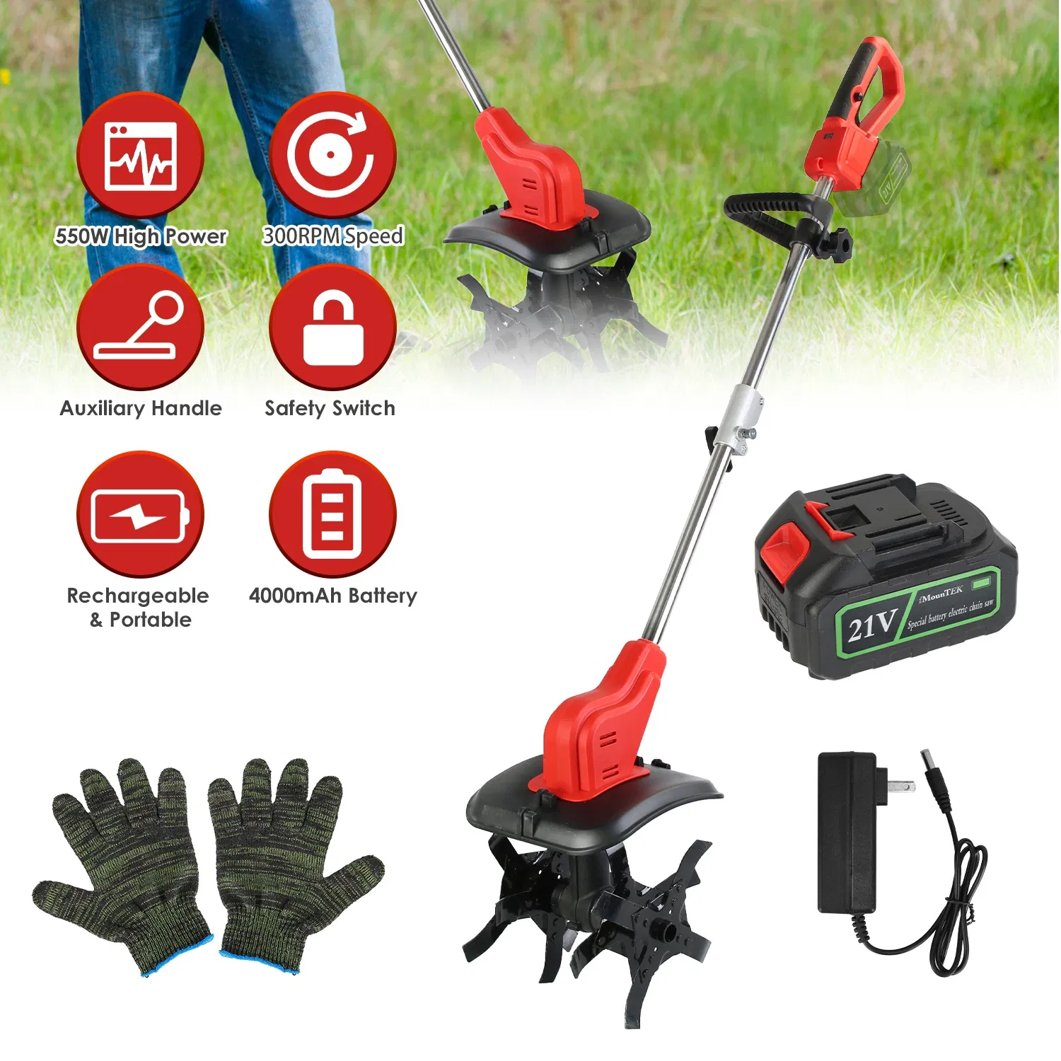 21V Electric Cordless Tiller Cultivator Powered Garden Tiller With 4 Blades 16 Steel Tines 550W 300RPM 4000mAh Battery Tilling 9-in Width & 9-in Depth For Lawn Gardening Soil Cultivation