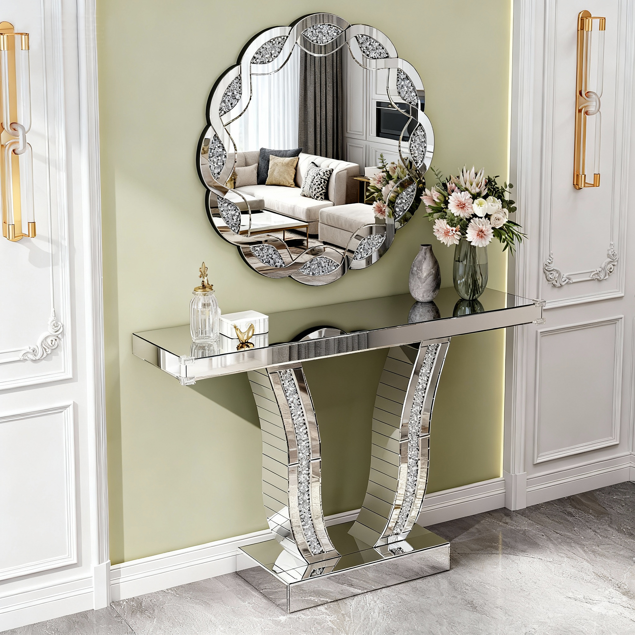 43 Inch Mirrored Console Table, Modern Silver Entryway Sofa Table With Curved Stone-Inlaid Legs, Silver Glam Entryway Table For Living Room, Modern Luxury Accent Table, Hallway Foyer Table