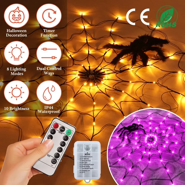 Luz de telaraña de 3.28 pies con araña peluda, 70 LED, control remoto para Halloween