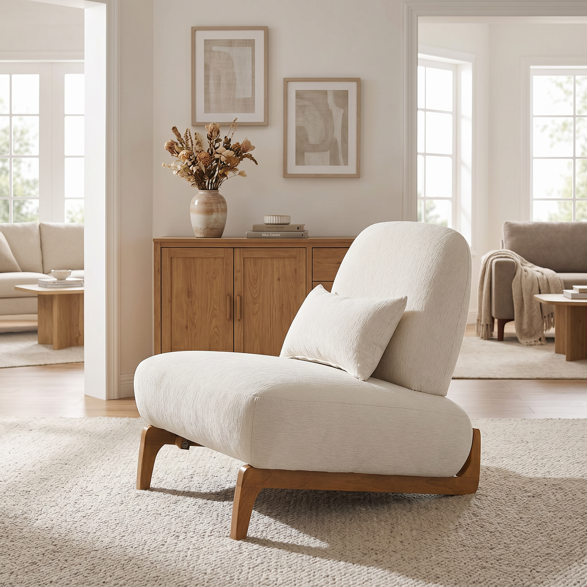 Silla decorativa sin brazos tapizada en lino con base de madera curva y cojín lumbar