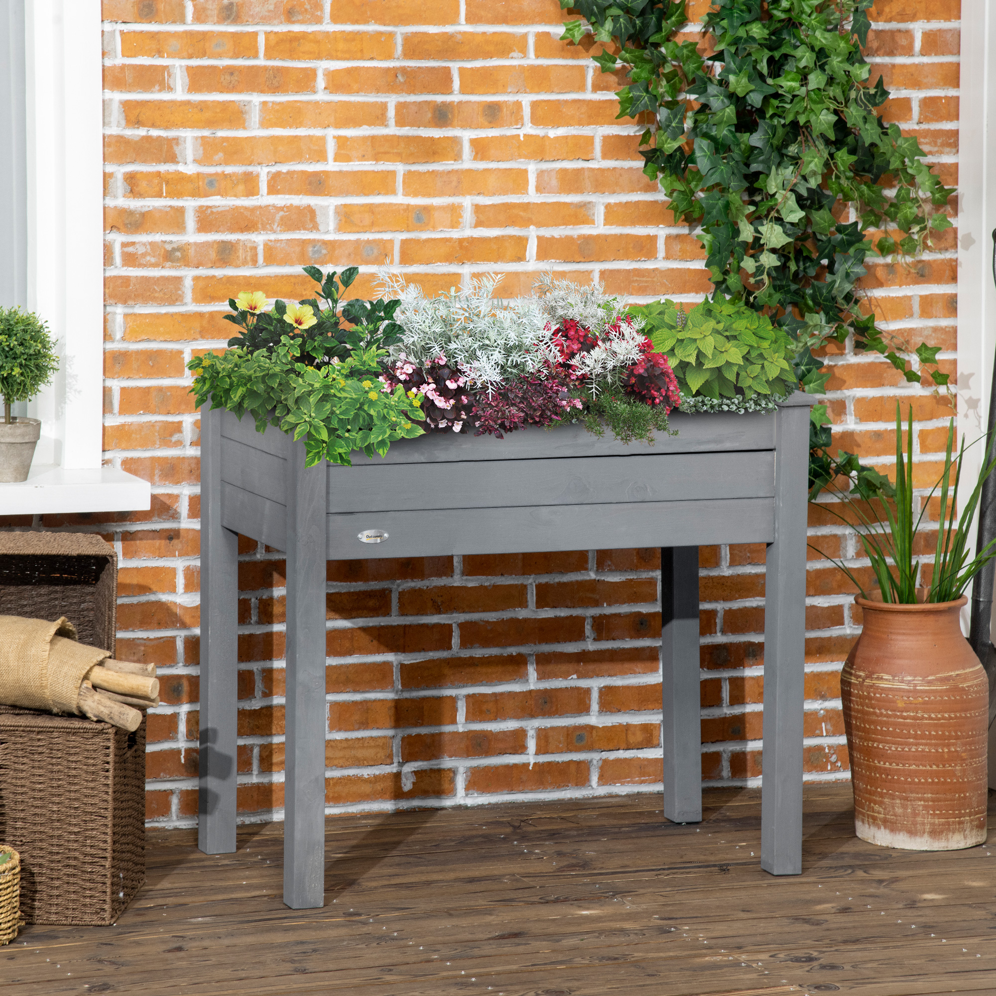 Cama de jardín elevada de 34 pulgadas, macetero de madera con orificios, gris oscuro