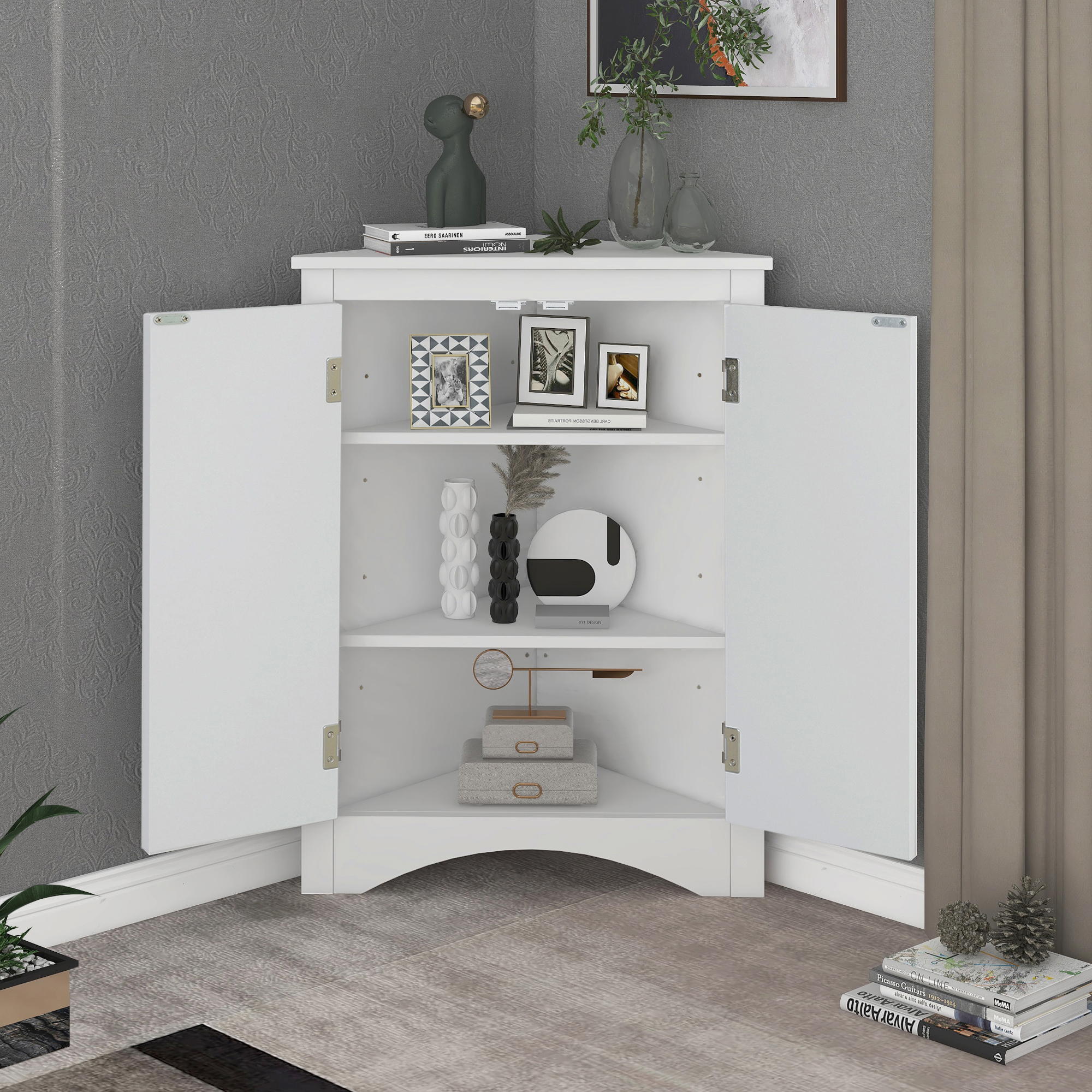 White Triangle Bathroom Storage Cabinet With Adjustable Shelves, Freestanding Floor Cabinet For Home Kitchen