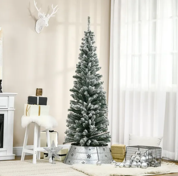 HOMCOM Árbol de Navidad artificial nevado de 6 pies, verde, con base de acero plegable