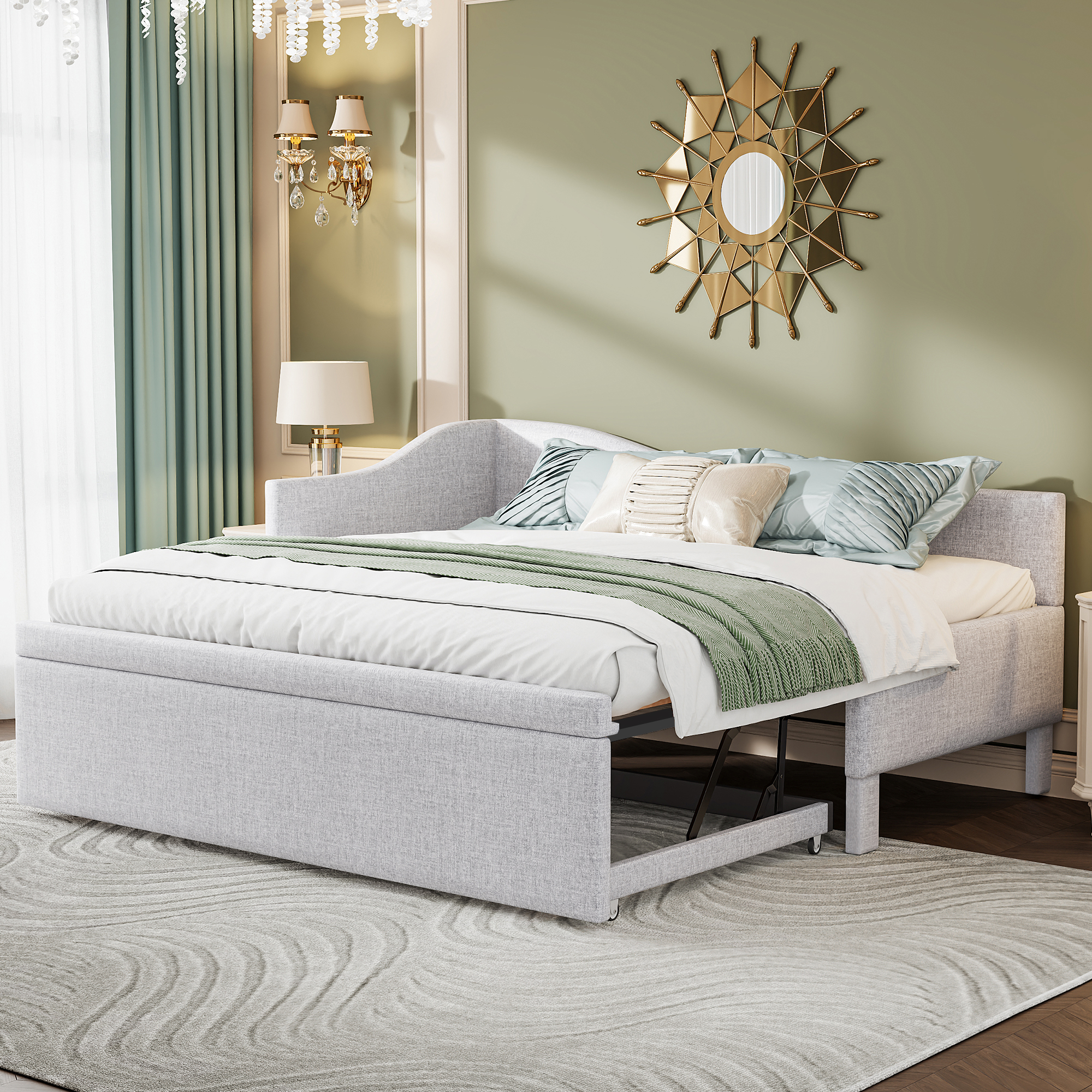 Twin Size Upholstered L-Shaped Upholstered Daybed With  Up Trundle, Beige