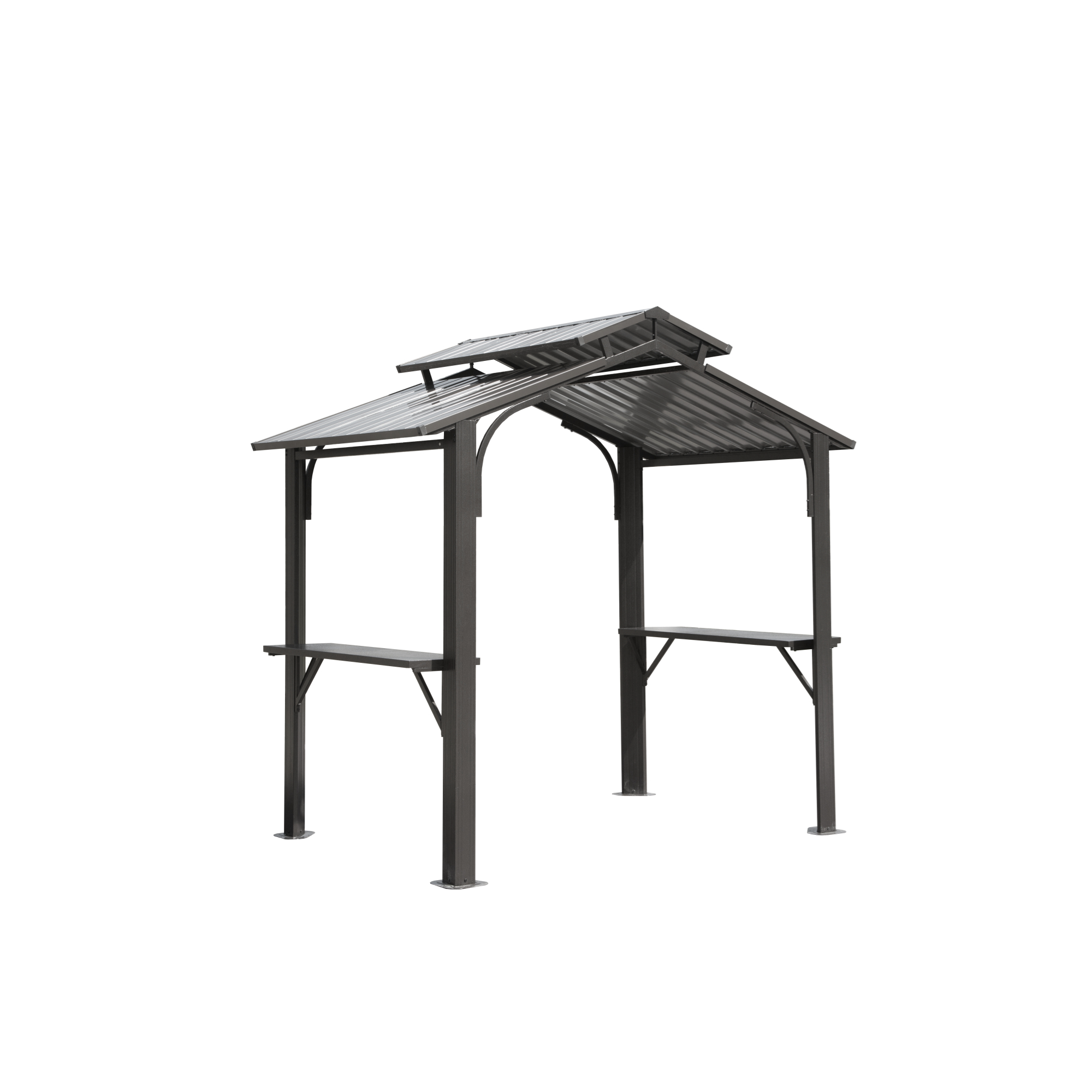 8x5FT Hardtop Grill Gazebo, Outdoor BBQ Gazebo W Galvanized Steel Double Roof, Permanent Sun Shade Grill Canopy Shelter With 2 Side Shelves And Ceiling Hook For Patio Deck Yard Garden  Grey