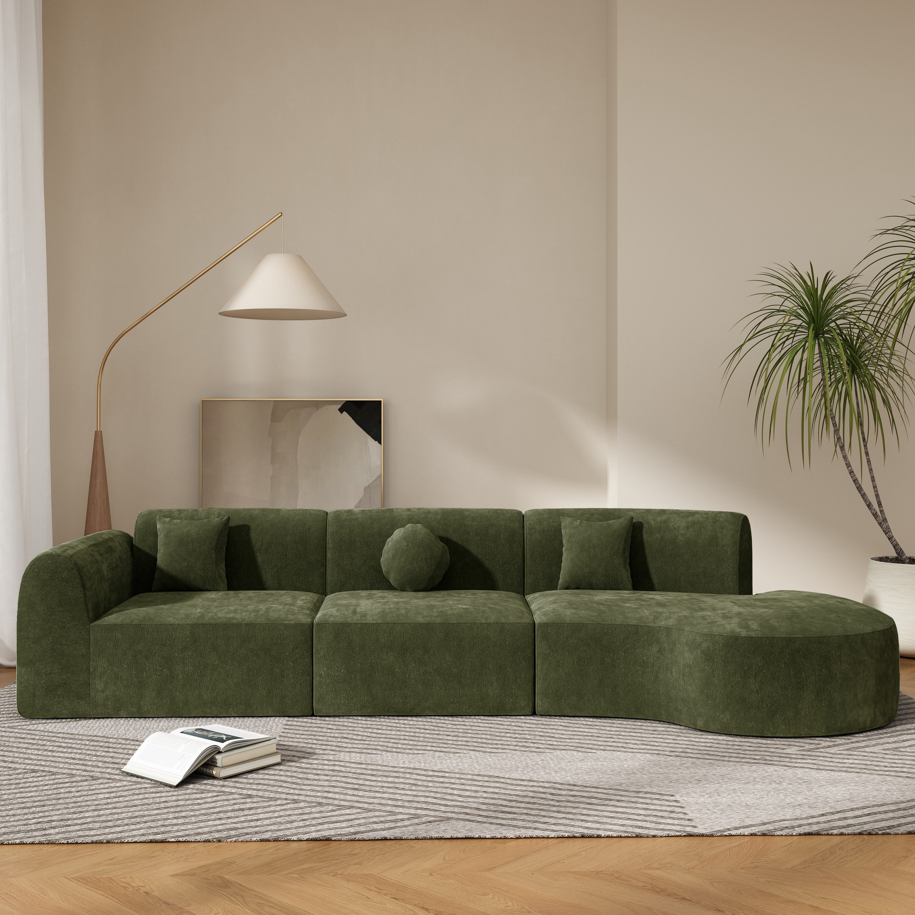 140" Modern Curved Sectional Sofa with High-Density Fully Compressed Sponge and Chaise Lounge, 3-Piece Set, Fully Assembled Right Hand Facing, Perfect for Living Room, Lounge