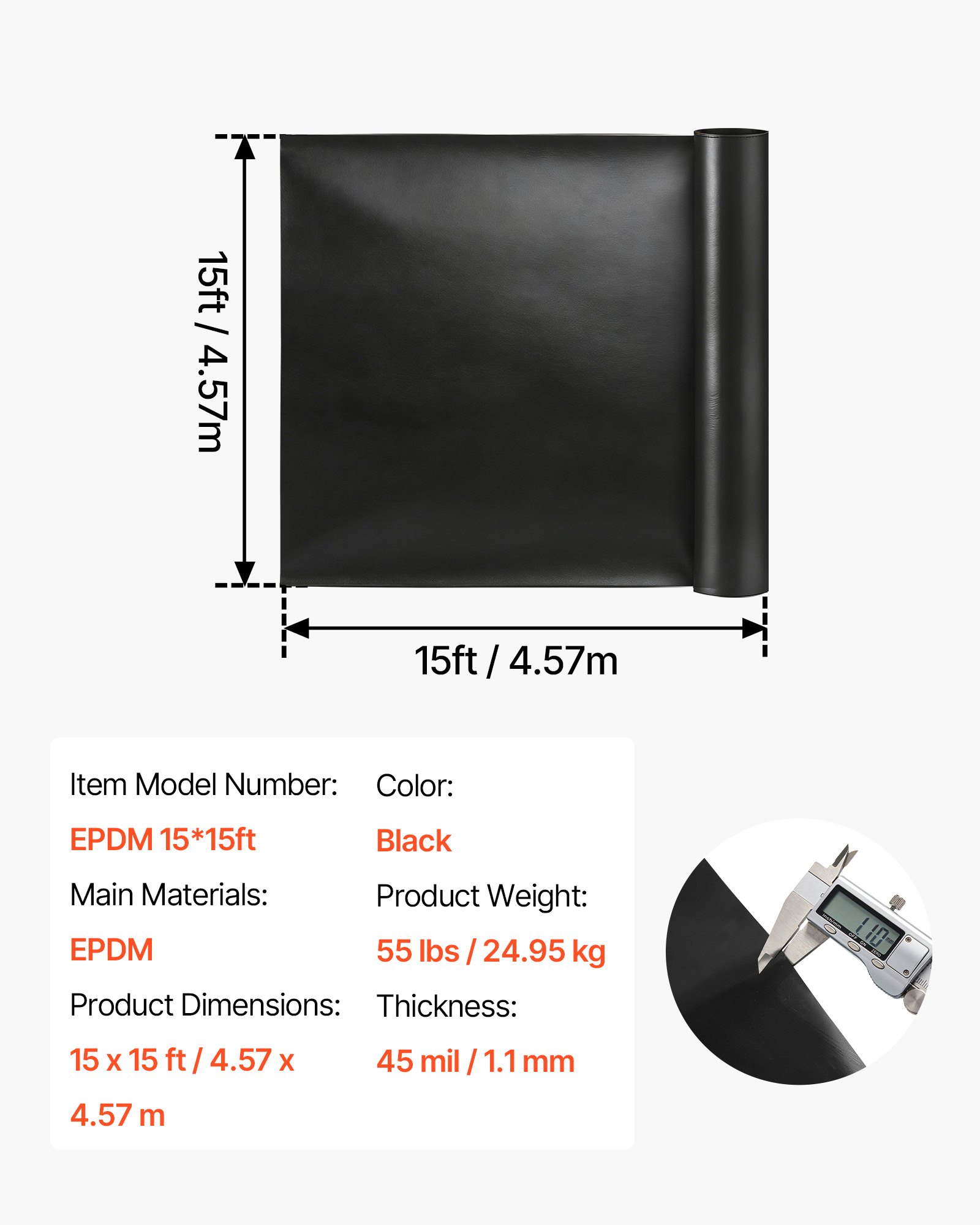 15 X 15 Ft Pond Liner, 45 Mil Thickness, EPDM Rubber Material Fish Pond Liner For Outdoor Ponds, Easy To Cut, Durable & Leakproof, For Water Garden, Waterfall, Fishpond, Koi, Fountains, Black