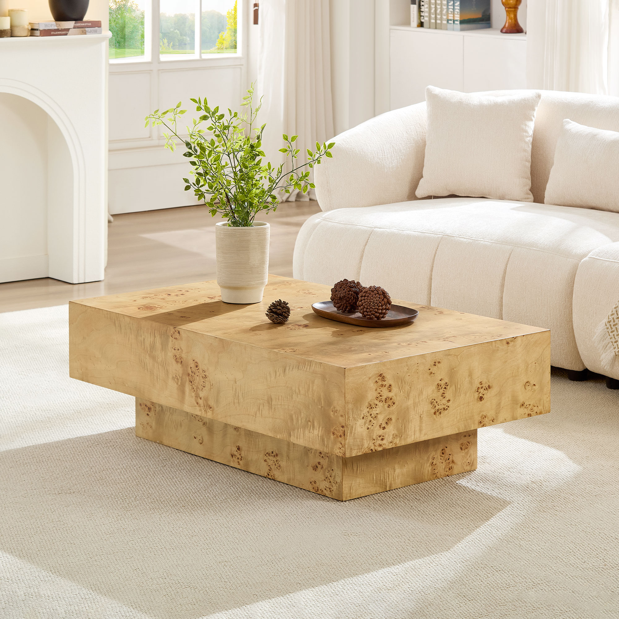 43.31 Inch Burl Wood Veneer Coffee Table,Rectangle Mid-Century Modern Table For Living Room,Coffee Table With Sturdy MDF Pedestal For Office,Apartment,Natural