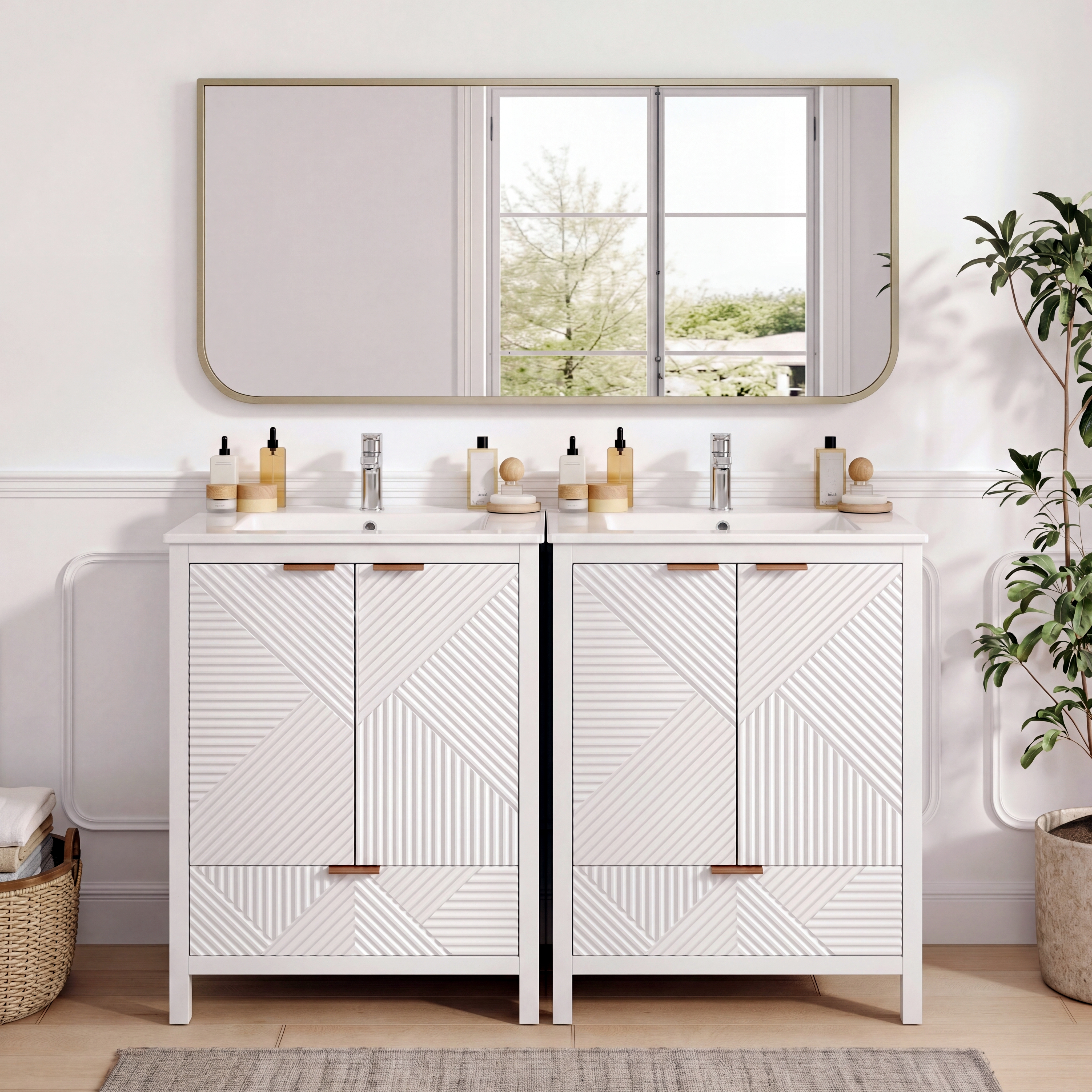 48  Bathroom Vanity Set, Modern Bathroom Vanity With Single Faucet Hole, Textured Door Panels And A Drawer, Pine Legs, Large Storage Space & Soft Close Hinges, White