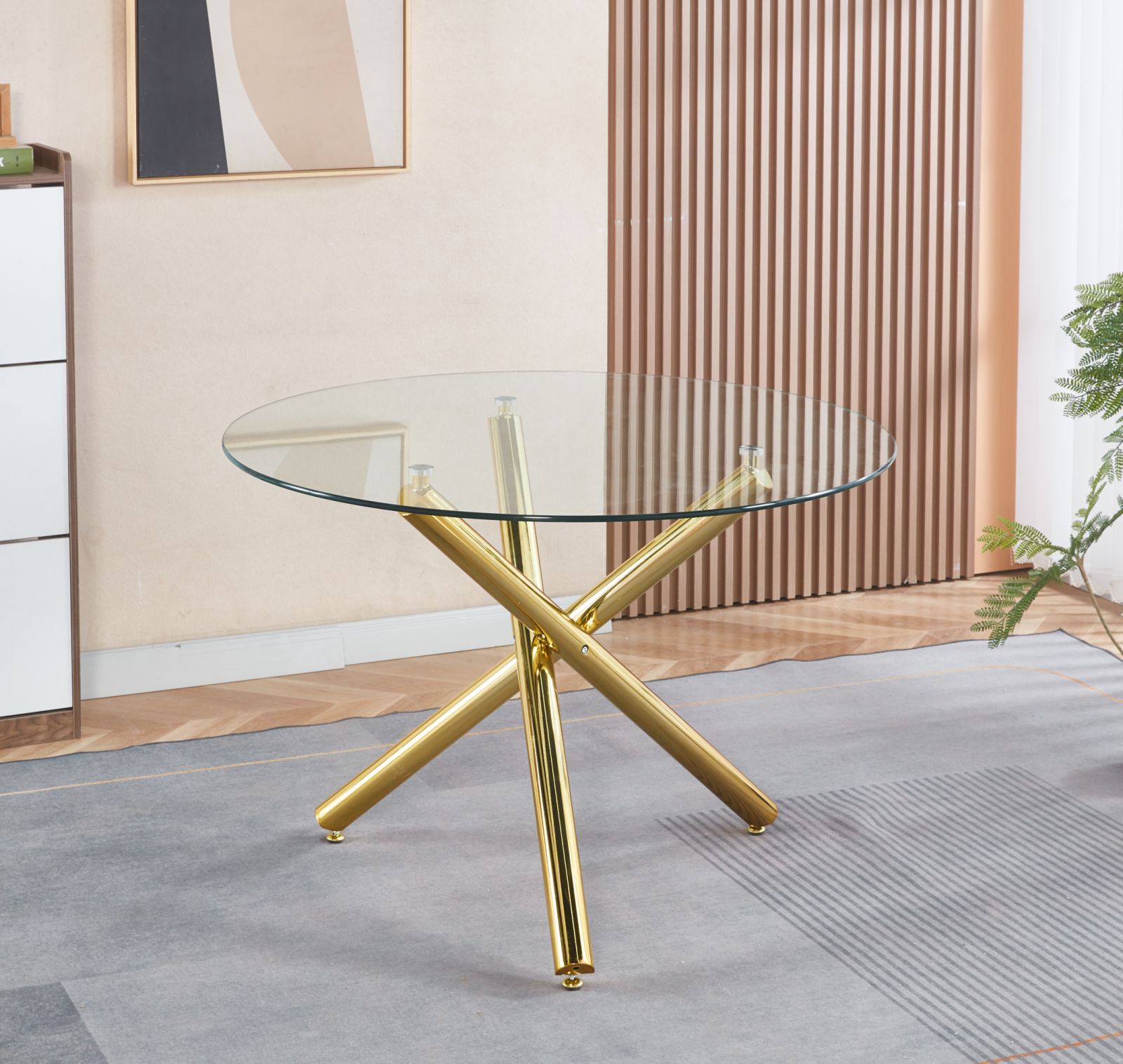 Golden Dining Table With Metal Leg And Glass,Modern Space Saving Kitchen Table For Living Room,110X110X75CM