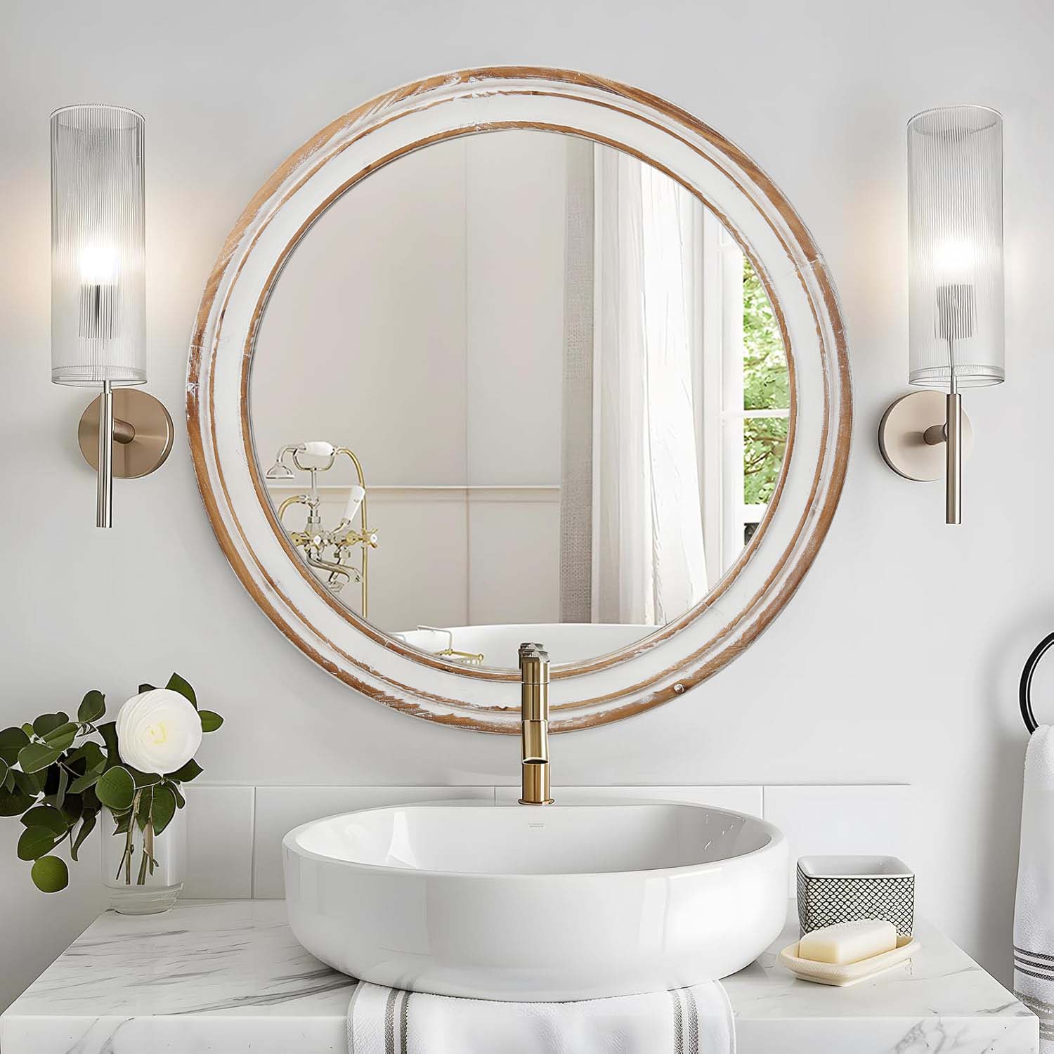 Espejo de Pared Redondo de Madera, 23.62 pulgadas, Estilo Rústico, para Baño