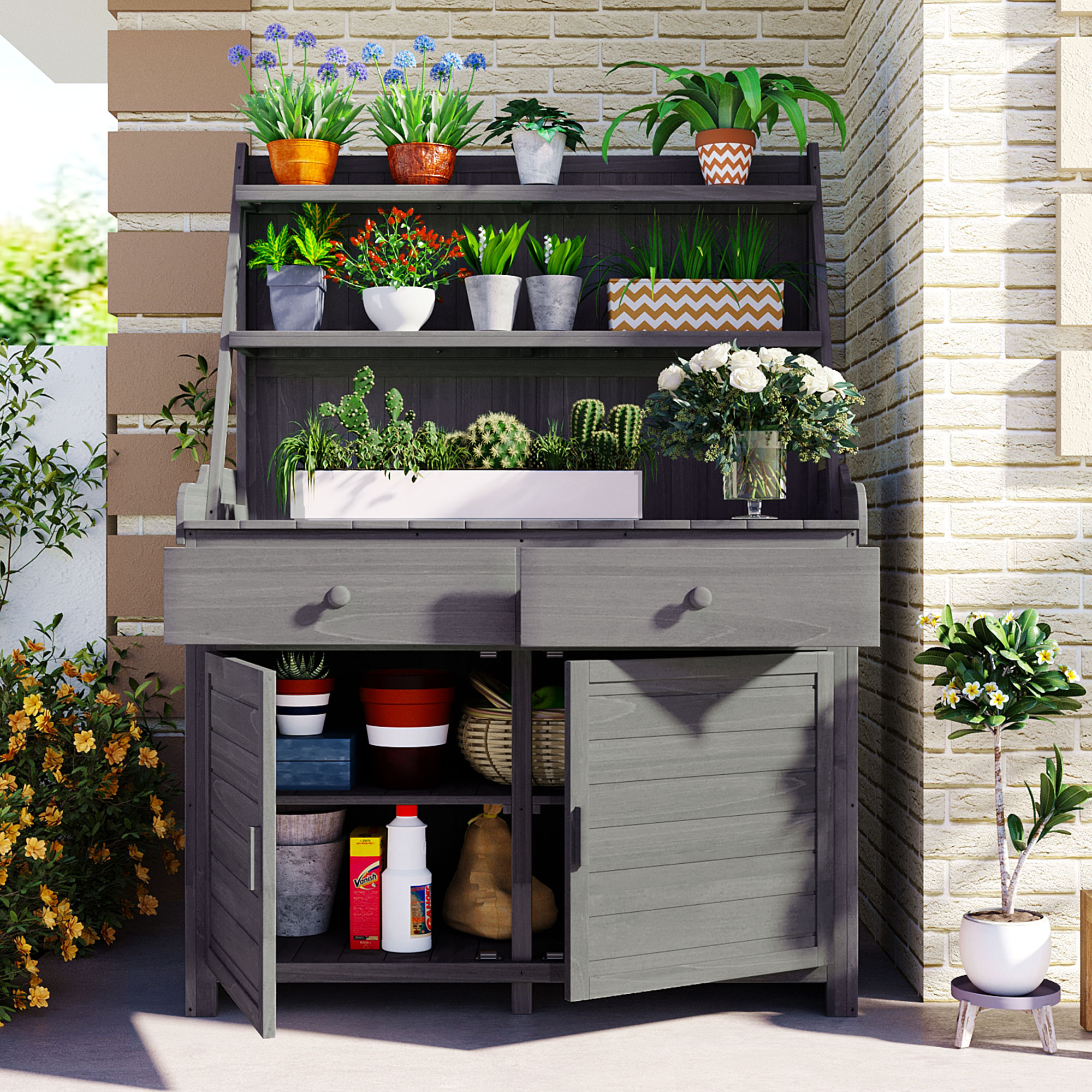 TOPMAx Mesa de trabajo para jardín de 65 pulgadas, madera de abeto, gris