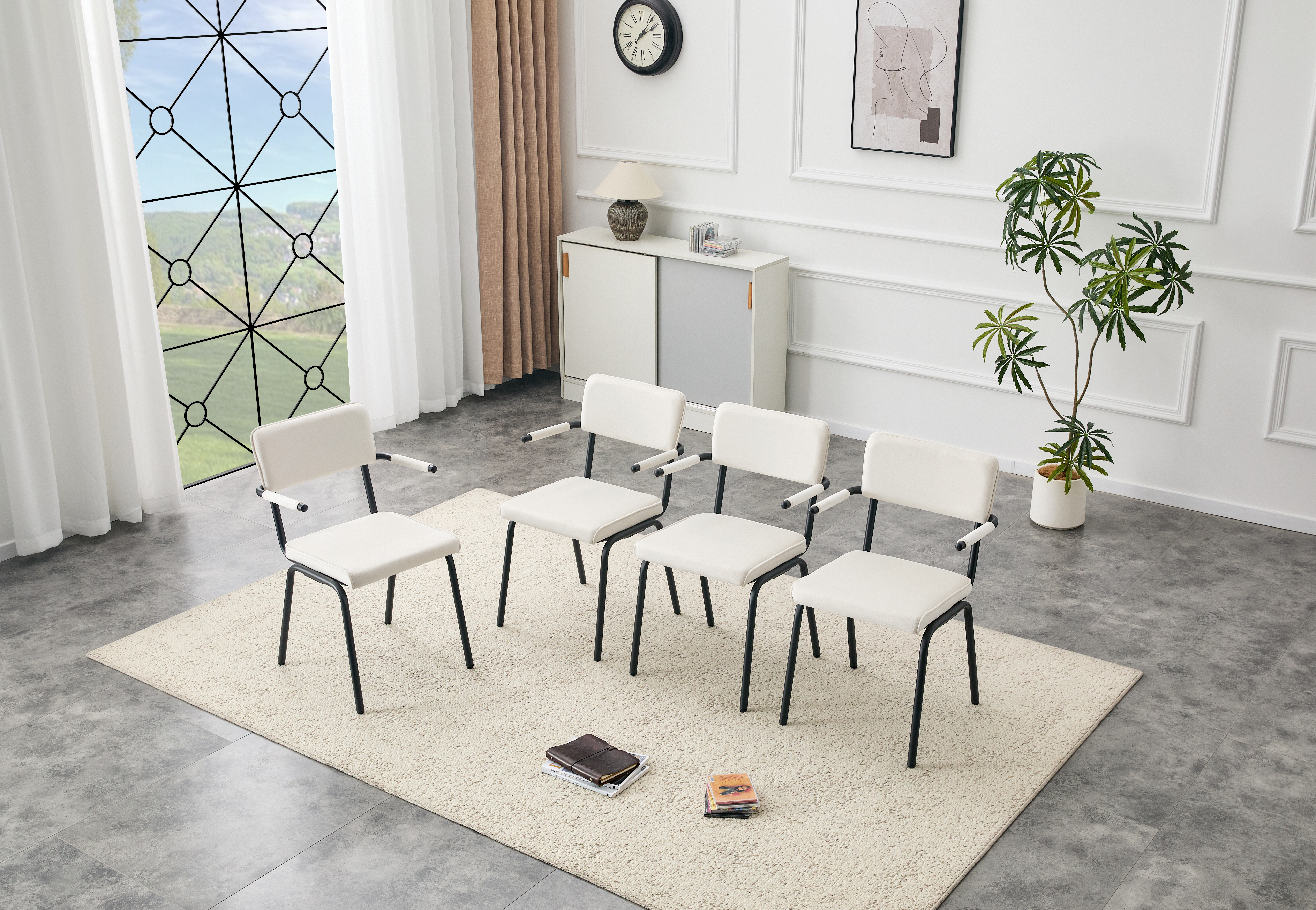 Juego de 4 sillas de comedor tapizadas en terciopelo blanco con patas metálicas