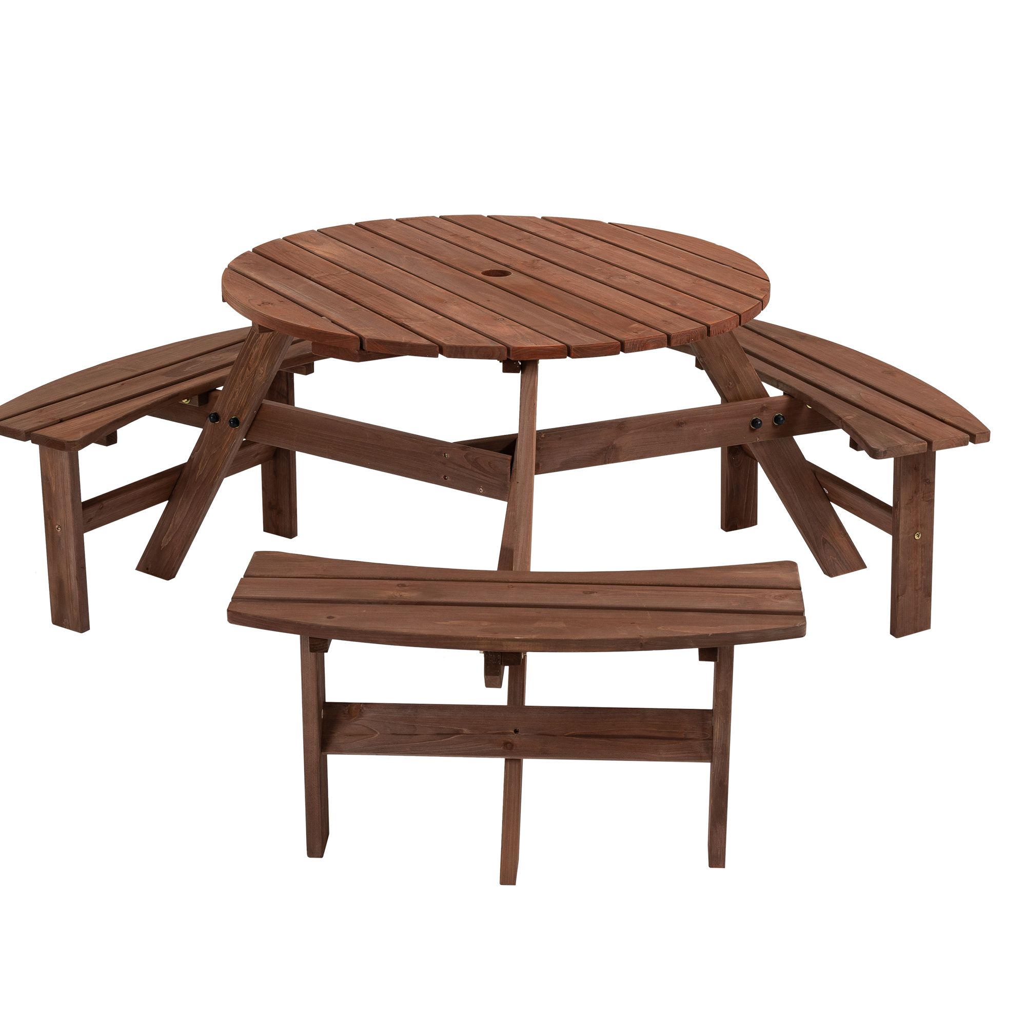 Mesa de pícnic circular de madera para 6 personas, exterior, con 3 bancos, marrón
