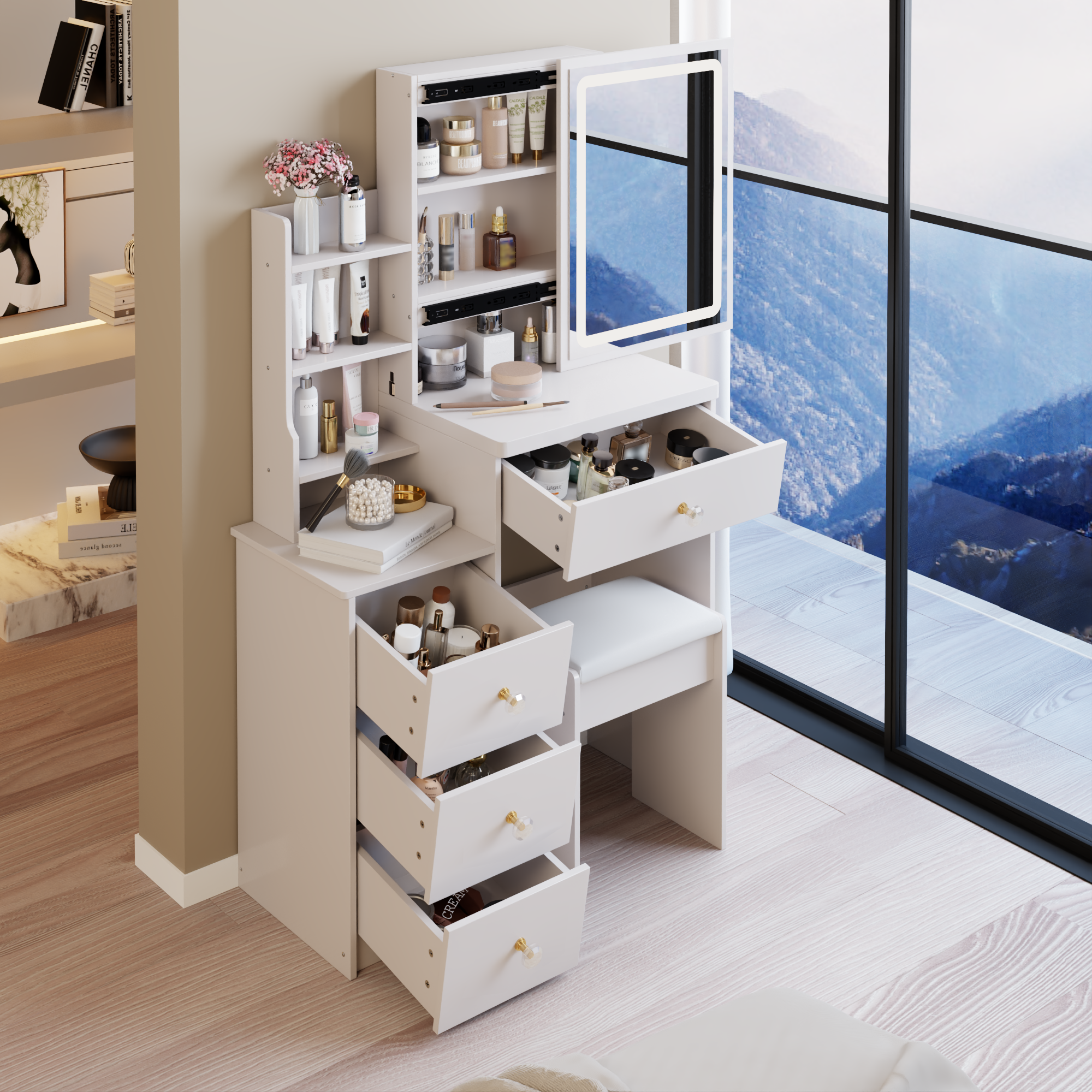 29.2 Small Size Left Bedside Cabinet LED Mirror Vanity Table  Cushioned Stool, Large Sliding, Touch Control, 3-color Switch, Brightness Adjust Mirror, High Capacity Storage, EPA, GCC, UL Certificate