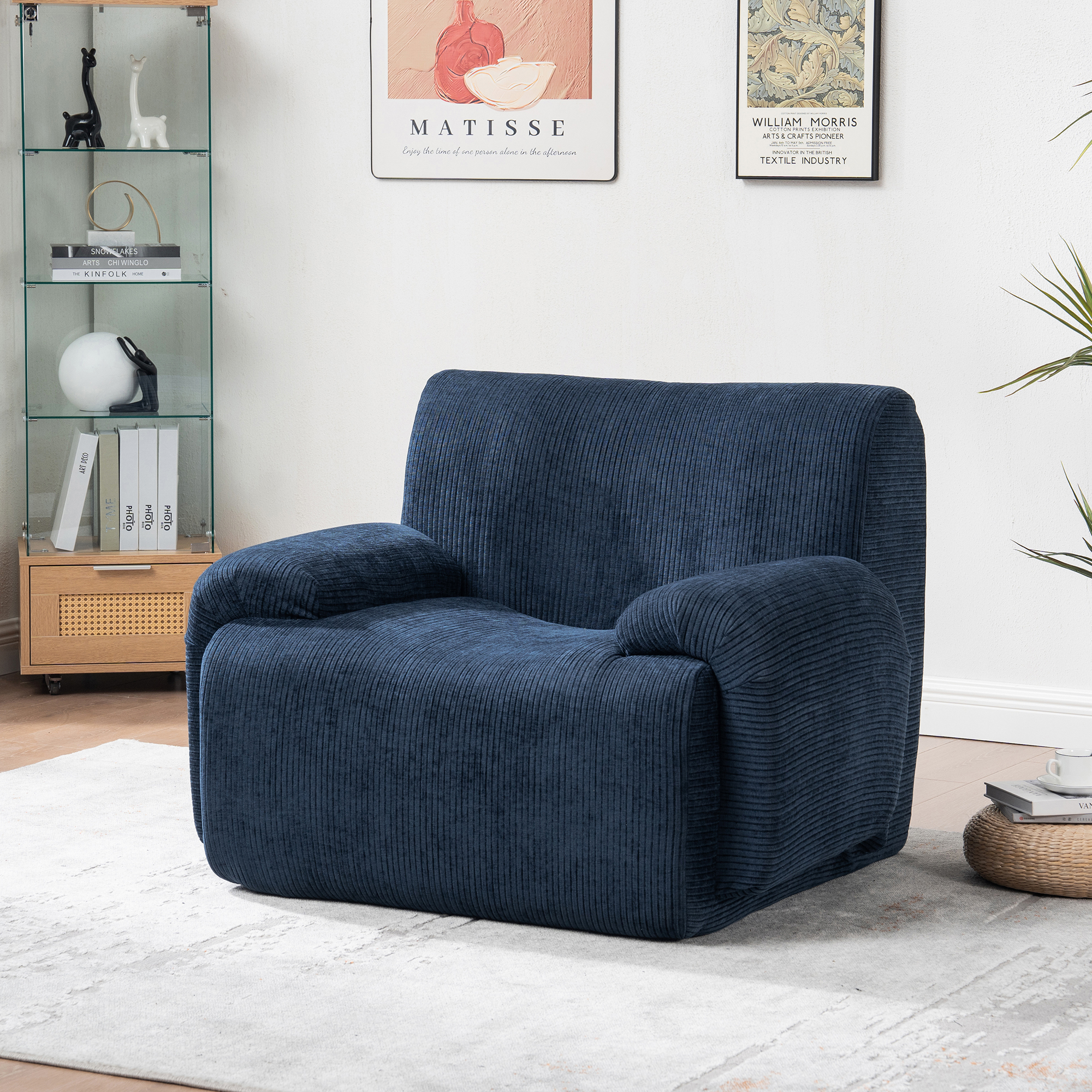 42  Wide Modern Upholstered Chenille Vertical Stripes Accent Chair, Boneless Single Sofa Chair, Armchair Comfy Reading Lounge Chair With Deep Seats For Living Room Bedroom Apartment, Dorms, Navy
